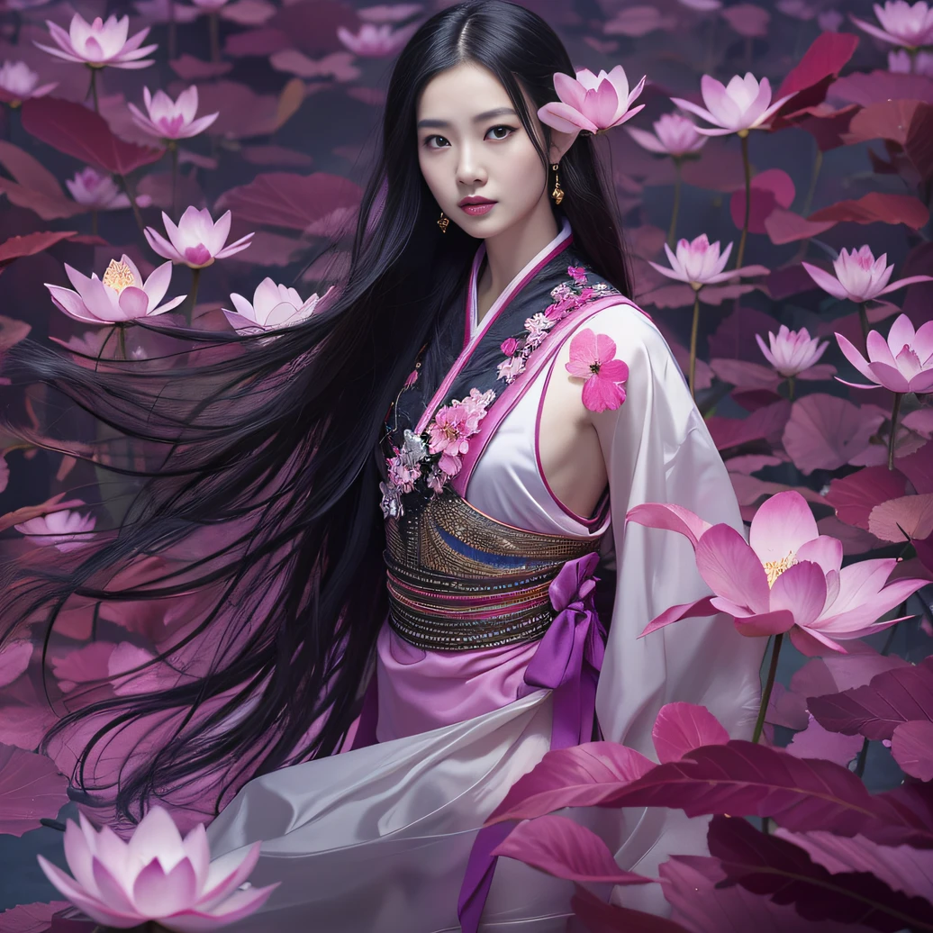 32K(tmasterpiece,k hd,hyper HD,32K)Long flowing black hair,ponds,zydink, a color, Aozhou people (Concubine girl), (Purple silk scarf), Combat posture, looking at the ground, long whitr hair, Floating hair, Carp pattern headdress, Chinese long-sleeved clothing, (Abstract gouache splash:1.2), Pink petal background,Pink and white lotus flowers fly(realisticlying:1.4),Black color hair,Fallen leaves flutter,The background is pure, A high resolution, the detail, RAW photogr, Sharp Re, Nikon D850 Film Stock Photo by Jefferies Lee 4 Kodak Portra 400 Camera F1.6 shots, Rich colors, ultra-realistic vivid textures, Dramatic lighting, Unreal Engine Art Station Trend, cinestir 800,Long flowing black hair,Denim skirt