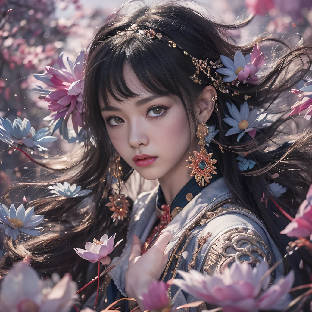 32K(tmasterpiece,k hd,hyper HD,32K)Long flowing black hair,ponds,zydink, a color, Aozhou people (Concubine girl), (Purple silk scarf), Combat posture, looking at the ground, long whitr hair, Floating hair, Carp pattern headdress, Chinese long-sleeved clothing, (Abstract gouache splash:1.2), Pink petal background,Pink and white lotus flowers fly(realisticlying:1.4),Black color hair,Fallen leaves flutter,The background is pure, A high resolution, the detail, RAW photogr, Sharp Re, Nikon D850 Film Stock Photo by Jefferies Lee 4 Kodak Portra 400 Camera F1.6 shots, Rich colors, ultra-realistic vivid textures, Dramatic lighting, Unreal Engine Art Station Trend, cinestir 800,Long flowing black hair,Denim skirt