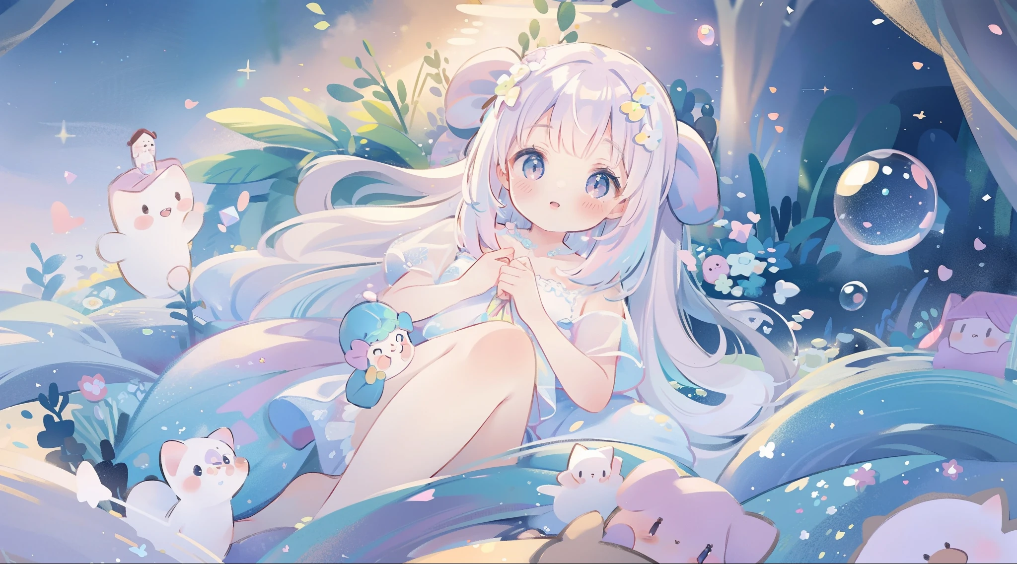 masterpiece, best quality, 8k resolution, sharp focus, intricate detail, beautiful girl, sparkling eyes, golden ratio face, otherworldly liquid, watercolor, ((pastel colors)), bright colors, whimsical, colorful, sharp focus, high resolution, fine detail, princess fantasy ballgown, ((round eyes)), iridescent bubbles, castle landscape in background