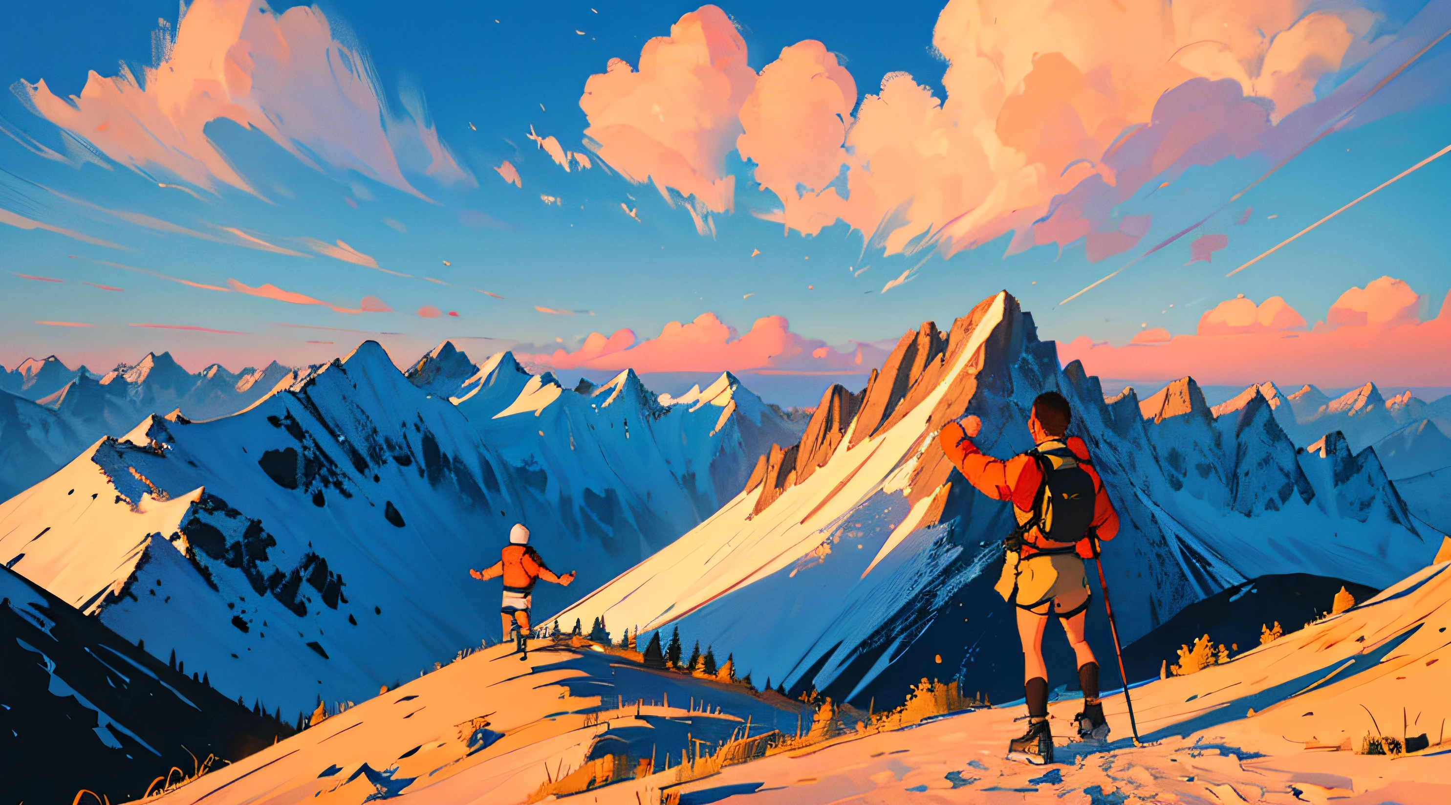 ((Best Quality, 8K, Masterpiece: 1.3)), ((Best Quality, 8K, Masterpiece: 1.3)), A hiker reaching the summit of a mountain, triumphantly raising their arms against a panoramic vista of rugged peaks.