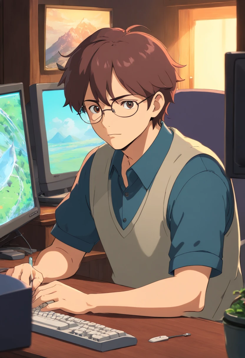 (best quality, 4k, high resolution, master part: 1.2), close-up de um homem na frente de seu computador, looking at the camera, sad expression, barba, short hair, profissional, office lighting, hands on chin , reflection of the computer screen, Monochromatic Color Palette, Sombras profundas