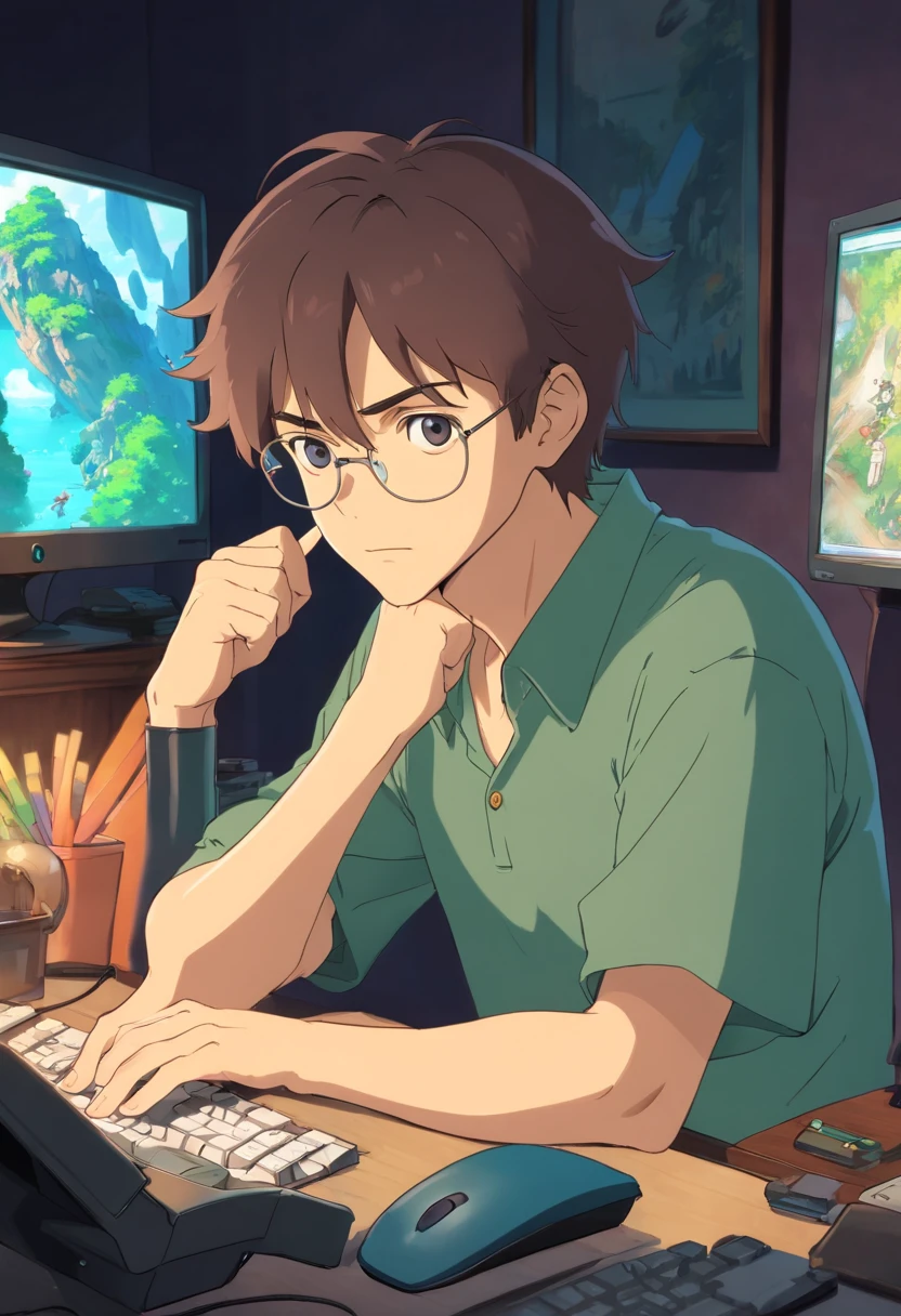 (best quality, 4k, high resolution, master part: 1.2), close-up de um homem na frente de seu computador, looking at the camera, sad expression, barba, short hair, profissional, office lighting, hands on chin , reflection of the computer screen, Monochromatic Color Palette, Sombras profundas