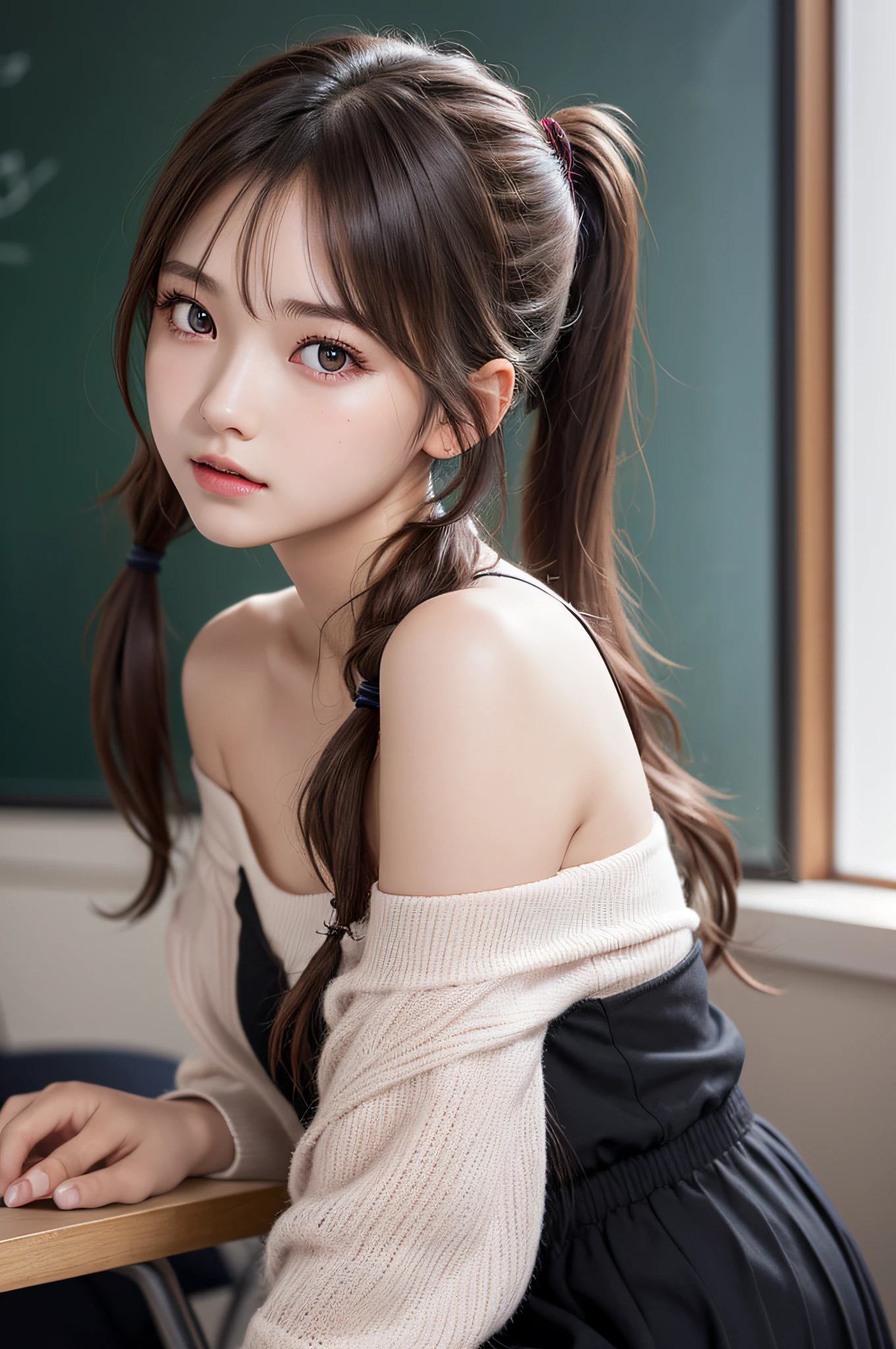 ((1girl in)), ((Best Quality)), (Ultra-detailed), (extremely detailed CG unified 8k wallpaper), Highly detailed, High-definition raw color photos, Professional Photography, (Twintails), Brown hair, Amazing face and eyes, Pink eyes, (amazingly beautiful girl), School, classroom, off shoulder,