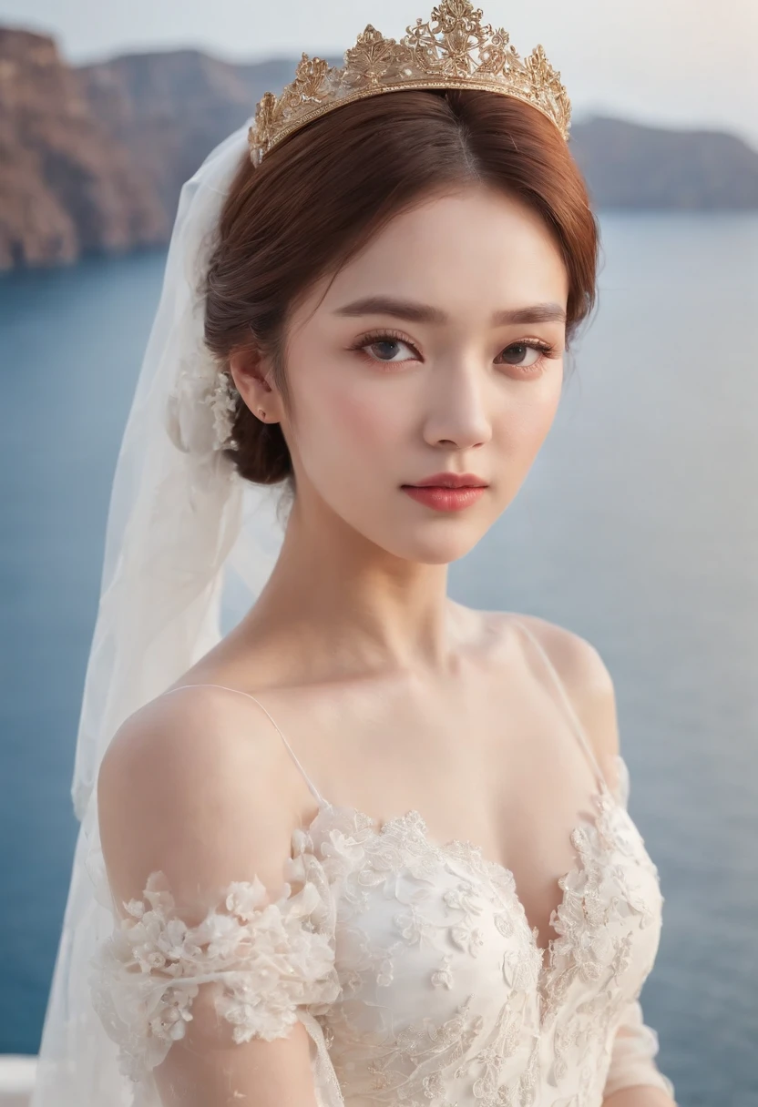1 beautiful girl, Korean star, (realism: 1.3) Santorini, front (blue sea), white wedding dress, wedding decoration, masterpiece, diffuse soft light, (portrait), best quality, ( Perfect facial part: 1.4), ultra-realistic high details, complex realistic simulation style photos, movie lighting, elegant posture, (close-up)