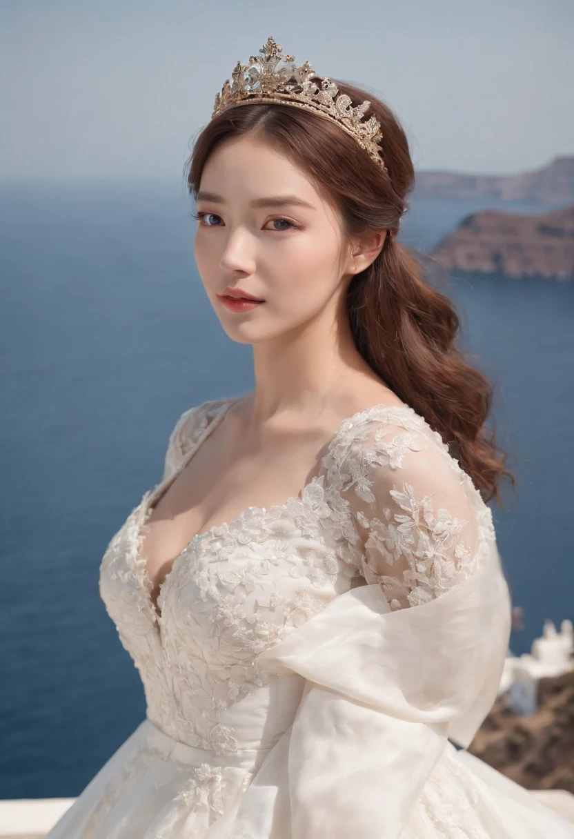 1 beautiful girl，Korean idol，  (Realistic:1.3) (full bodyesbian:1.3), standing photo,Santorini, Stand in front of the( blue sea), White wedding dress, wedding crown,Soft dress, Masterpiece, diffused soft lighting, Portrait, Best quality, (Perfect face:1.4), Ultra-realistic Highly detailed, Complex and realistic simulation style photos, Cinematic lighting, studio shoot, Elegant Pose, upper body