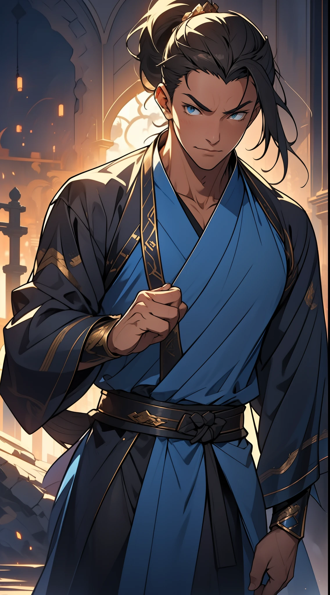 quadratic element，style of anime，mtu（Male Warrior），The proportions are correct，Face details，swordsmen，High ponytail hairstyle，Neck details，There is an Adam's apple，Blue suit，kaftan，long blue robes，clothes details，Handing over，longer sleeves，Game quality，Swordsmanship，Light and shadow tracking，Ray traching，detailed glow，cg render，hair detail，Black long hair，blue colored eyes，Handsome，Handsome，（juvenile sense），Clothing is complicated，Perfectcomposition，Refinement，high qulity，higher details，Lots of details，The background is complex，a sense of atmosphere，