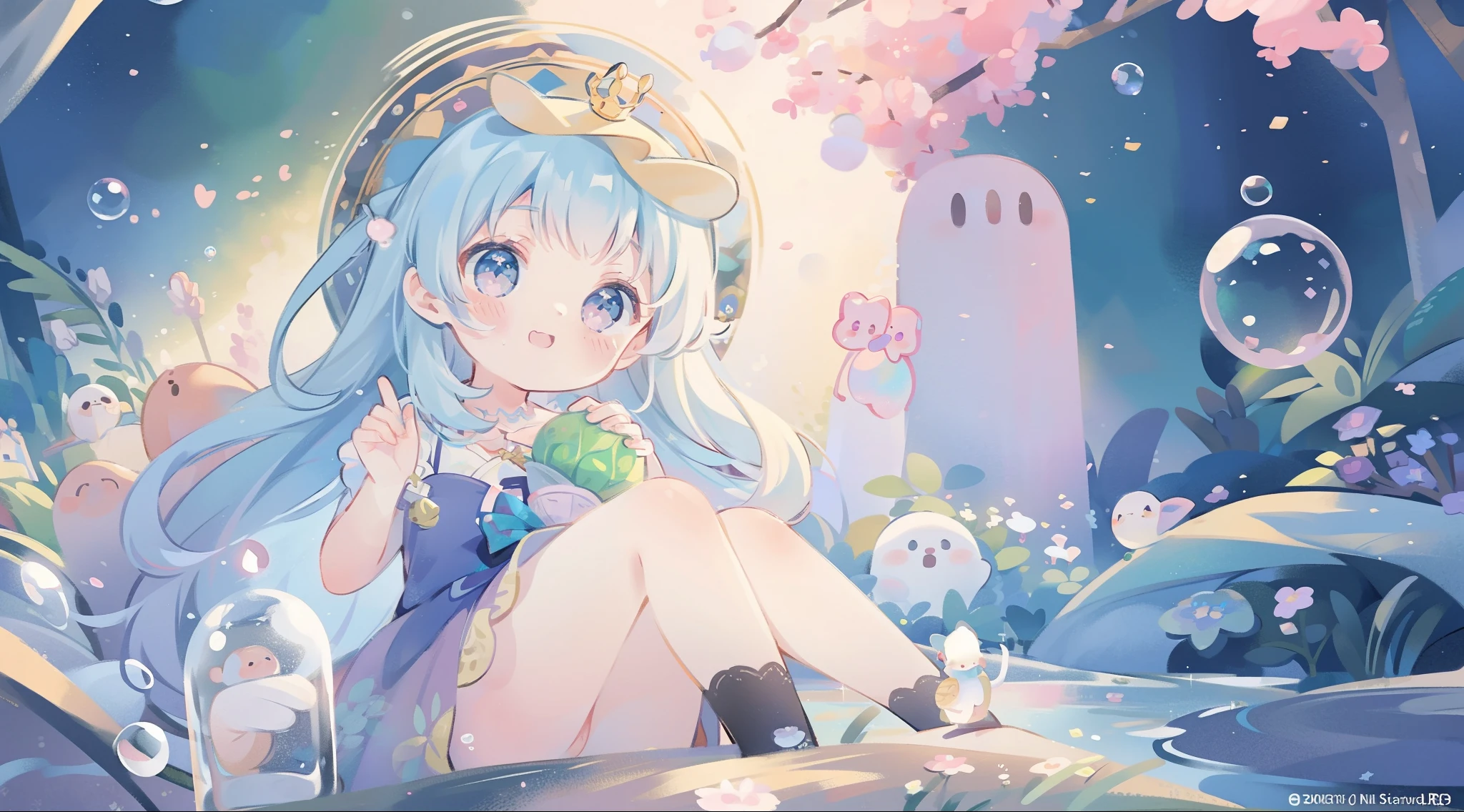 masterpiece, best quality, 8k resolution, sharp focus, intricate detail, beautiful girl, sparkling eyes, golden ratio face, otherworldly liquid, watercolor, ((pastel colors)), bright colors, whimsical, colorful, sharp focus, high resolution, fine detail, princess fantasy ballgown, ((round eyes)), iridescent bubbles, castle landscape in background