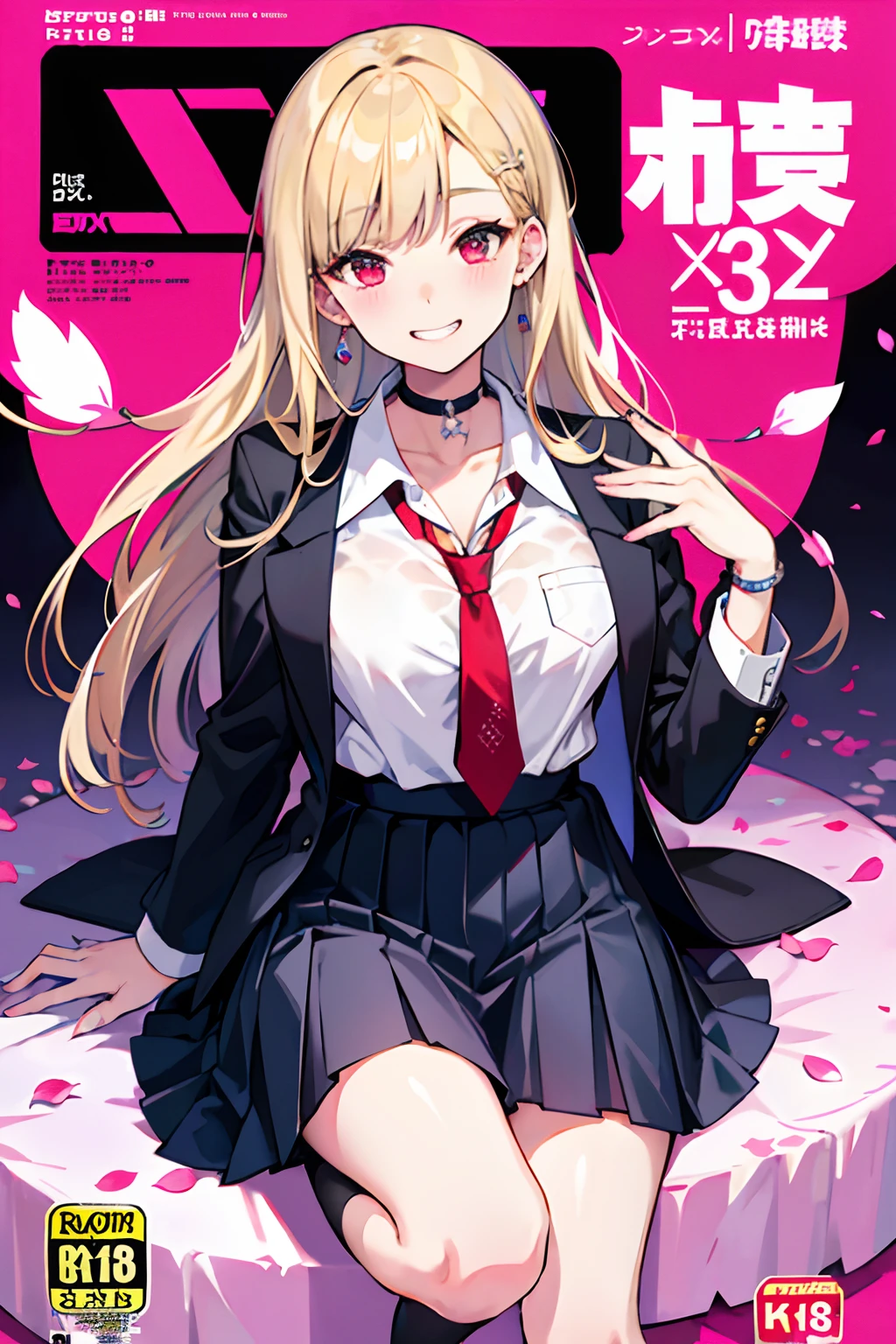 masterpiece, best quality, full body,
1girl, bangs, black choker, black necktie, blonde hair, blue skirt, blush, bracelet, breasts, choker, clothes around waist, collarbone, collared shirt, cowboy shot, dress shirt, ear piercing, eyebrows visible through hair, gradient hair, grin, gyaru, jewelry, kogal, long hair, looking at viewer, loose necktie, necktie, piercing, plaid, plaid skirt, pleated skirt, red eyes, ring, school uniform, shirt, skirt, smile, solo, white shirt,
street, sky, cherry blossoms, petals,illustration, (magazine:1.3), (cover-style:1.3), fashionable, woman, vibrant, outfit, posing, front, colorful, dynamic, background, elements, confident, expression, holding, statement, accessory, majestic, coiled, around, touch, scene, text, cover, bold, attention-grabbing, title, stylish, font, catchy, headline, larger, striking, modern, trendy, focus, fashion,