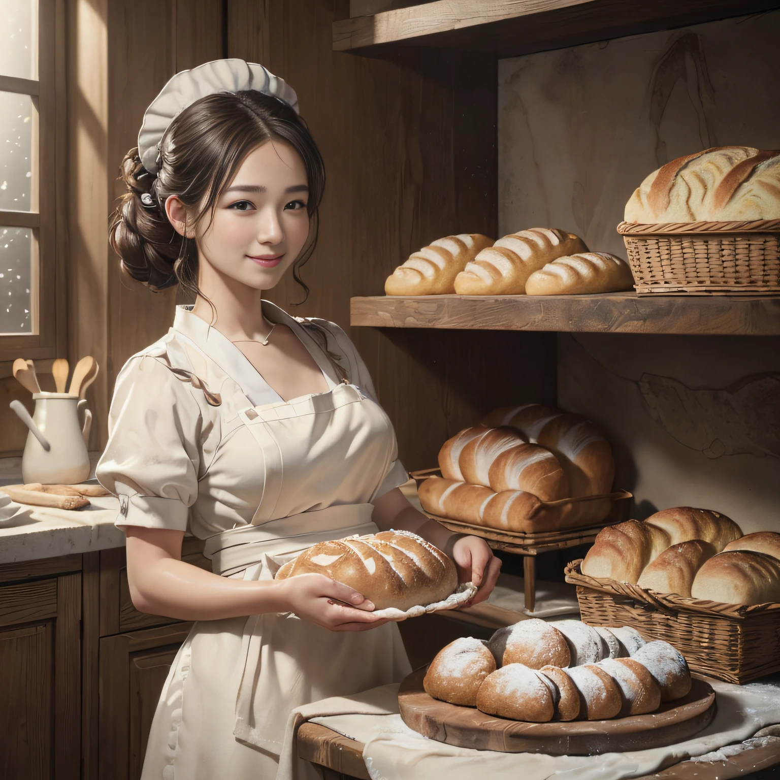 (Masterpiece:1.3), (8K, Photorealistic, Raw photography, Best Quality:1.4), (Ultra high Detailed), ( Baking, bread making, pastry chef, maid clothes, in the kitchen, surrounded by bread, bowl, flour, oven ), gentle smile, (Detailed face), (Detailed hair), (anatomically correct), (Japanese)