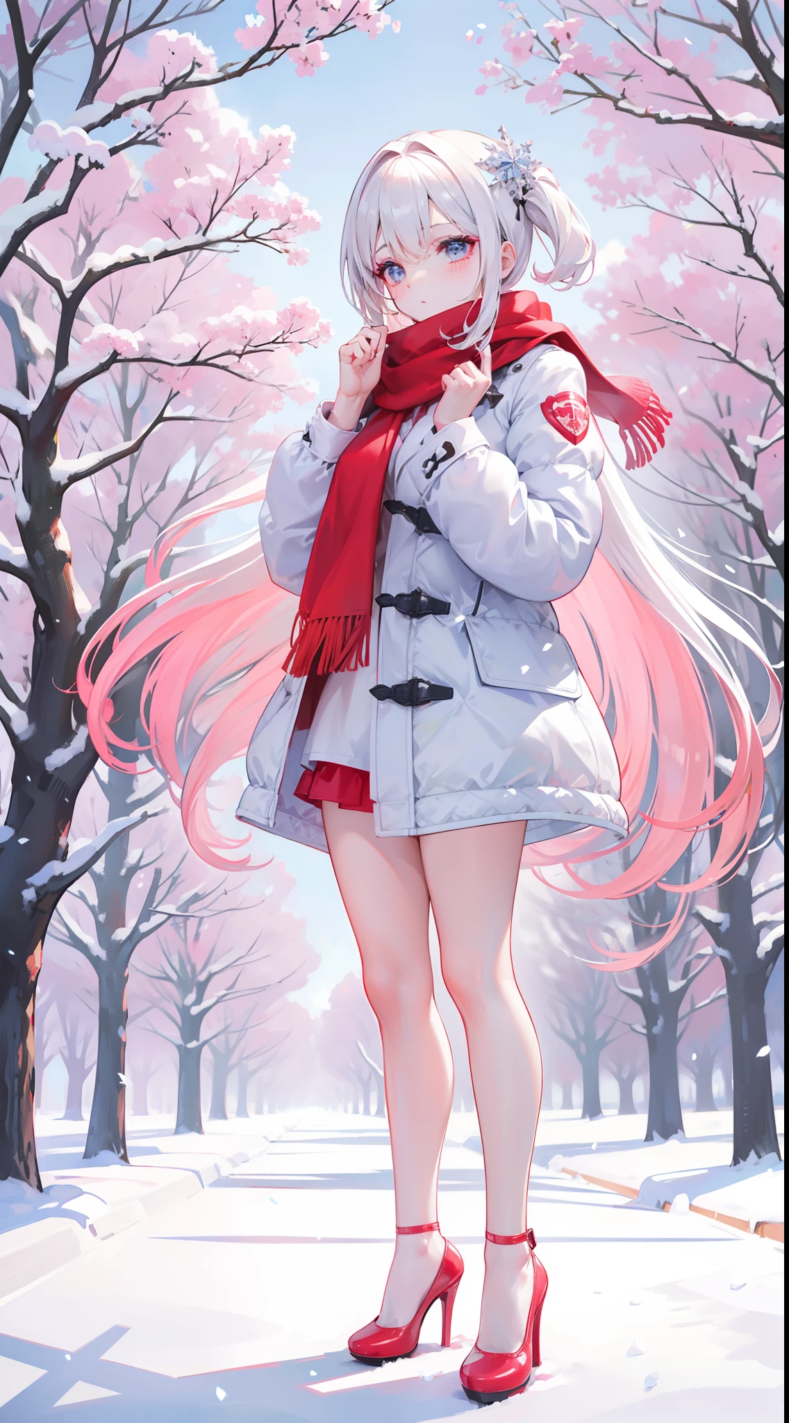 A peerless beauty，Beautiful facial features，putting makeup on，Blushlush，（cabelos preto e longos，White down jacket，Red scarf），high-heels，（Fuyuhime love song，plane trees，Snowflakes flying，White snow），Realiy，modern day，Portrait photo，Get close to the lens，depth of fields，stand posture