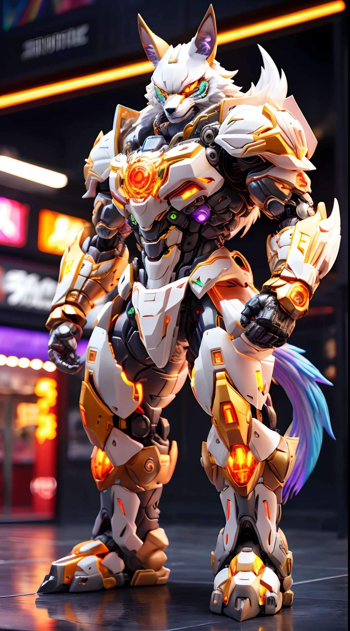 FOX KING, RAINBOW COLORED, HETEROCHROMIA EYE, MECHA HEAVY ARMOR, TRANSPARANT, MUSCLE BODY.