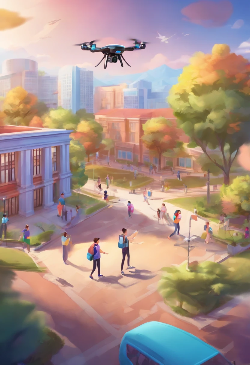 The campus students are positive and the background is bright、Colorful use VR、Cartoon image of AR student drawing student using drone、Mapping Tools for students The background is campus