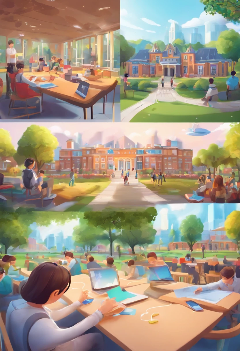 The campus students are positive and the background is bright、Colorful use VR、Cartoon image of AR student drawing student using drone、Mapping Tools for students The background is campus