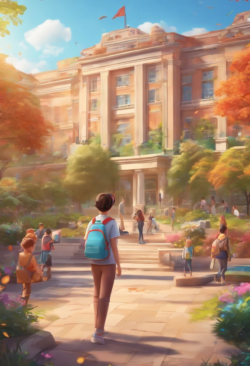 The campus students are positive and the background is bright、Colorful use VR、Cartoon image of AR student drawing student using drone、Mapping Tools for students The background is campus