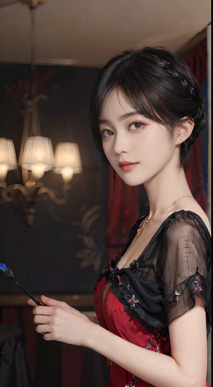 ((1womanl)),  (((Black-short-hair))), （masuter piece：1,3）、top-quality、​masterpiece、hight resolution、Original、highly detailed wallpaper、dress code、Luxurious necklace, (A slight smil)、a small face、((breast))、(Red and blue dresses)、(light on face)、Live-action style, Beautiful facial features, darkened room, ((Hu Dilan)), Masquerade, (fancy-dress ball)