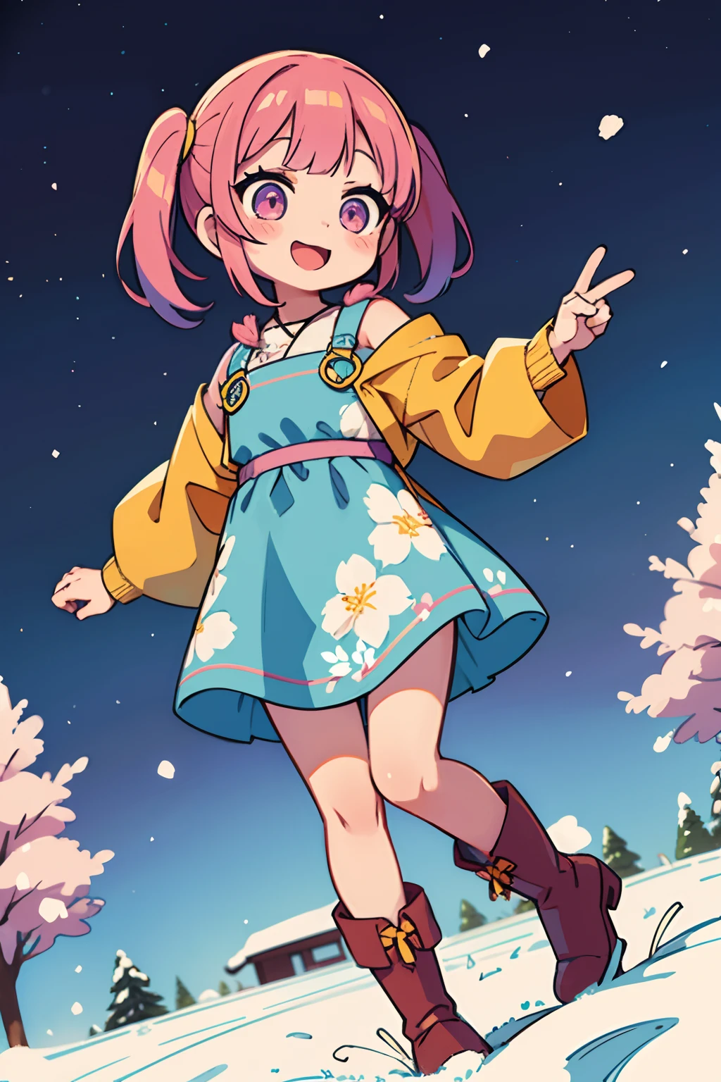 Stand in front of the photo、1girl in,Full body,a short bob, rainbow color Hair,long boots,Open mouth and big smile、kawaii pose、Flowing iridescent silk、Wearing colored tights、up of face、Eye Up、Colorcon with heart pattern、Floral dress、Posing with the Snow Rabbit、snowscape、season!!: Winters☀ 🍂