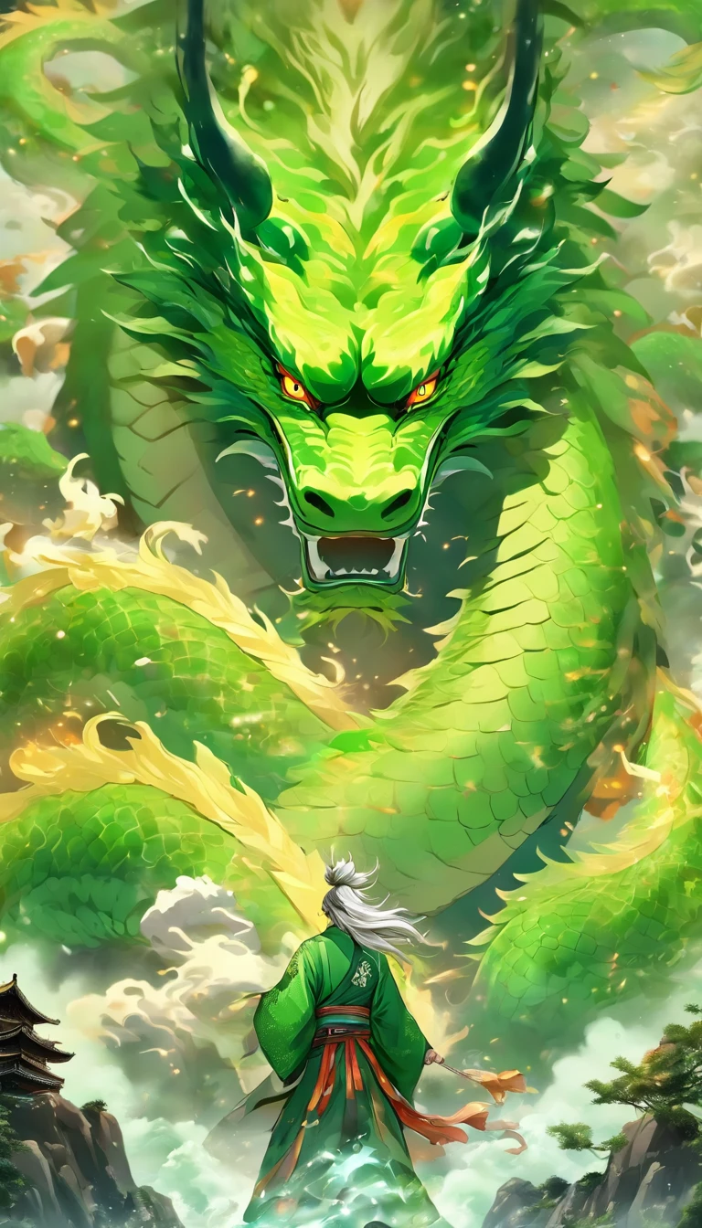 China-style,中景 the scene is,The Taoist priest stood in front of the huge green dragon,Stretch your hands,Long messy hair,Glow effects,Hyper-realistic,Ultra photo realsisim,Chinese black and white ink style,Silver,Decolorization,Smudge,ink,8K,super-fine,high qulity,OC renderer