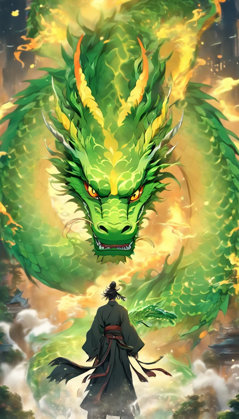 China-style,中景 the scene is,The Taoist priest stood in front of the huge green dragon,Stretch your hands,Long messy hair,Glow effects,Hyper-realistic,Ultra photo realsisim,Chinese black and white ink style,Silver,Decolorization,Smudge,ink,8K,super-fine,high qulity,OC renderer