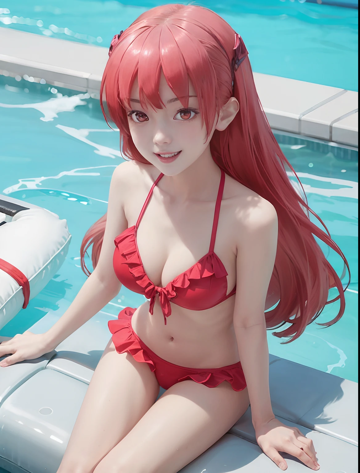 pool, poolside, water, 1girl, caustics, swimsuit, ocean, long hair, bikini, soaking feet, red bikini, frilled bikini, solo, horizon, smile, breasts, navel, pool ladder, open mouth, pink bikini, tile floor, looking at viewer, red hair, tiles, frills, collarbone, pier, red eyes, :d, sitting, shore, bare shoulders, medium breasts, boat, bare arms, outdoors, cleavage, beach, waves, inflatable raft, eyebrows visible through hair