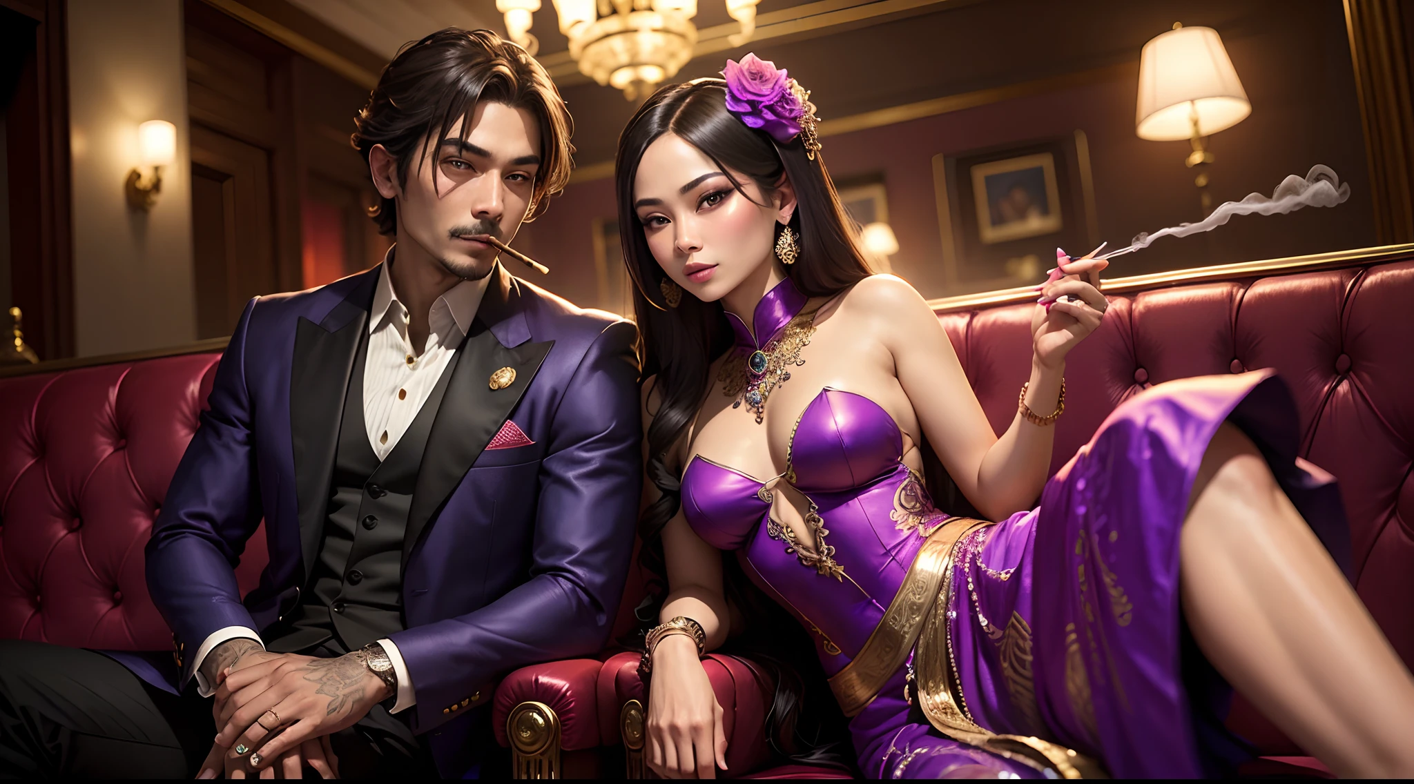 Cigar Mocktail Bar Thai Lai, Rainbow Neon, superb, ornate, epic, Beautiful couple portrait Wear a dress that is polite and stylish.. Thai, Solid treme, black or dark purple, He's on the couch, smoking a big cigar., Very happy.