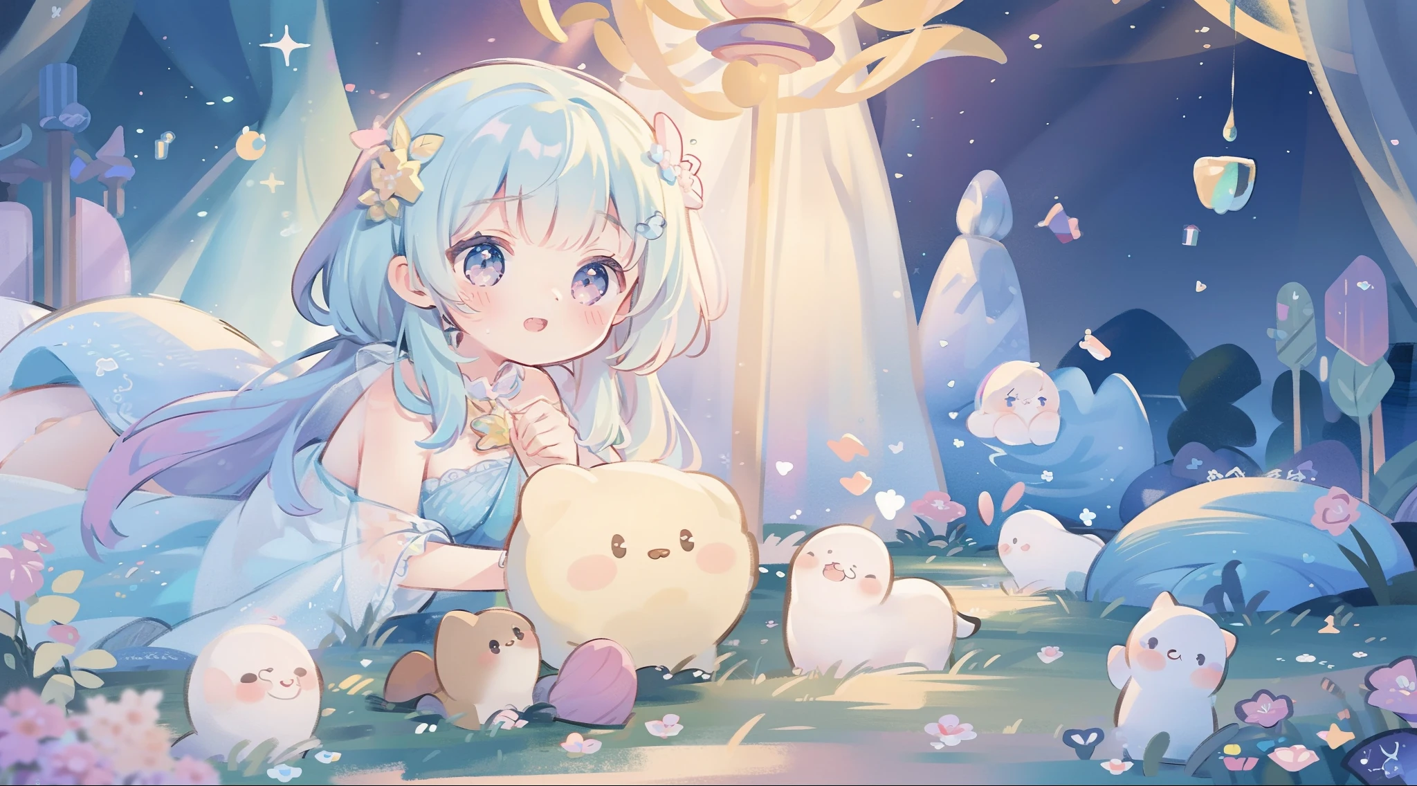 masterpiece, best quality, 8k resolution, sharp focus, intricate detail, beautiful girl, sparkling eyes, golden ratio face, otherworldly liquid, watercolor, ((pastel colors)), bright colors, whimsical, colorful, sharp focus, high resolution, fine detail, princess fantasy ballgown, ((round eyes)), iridescent bubbles, castle landscape in background
