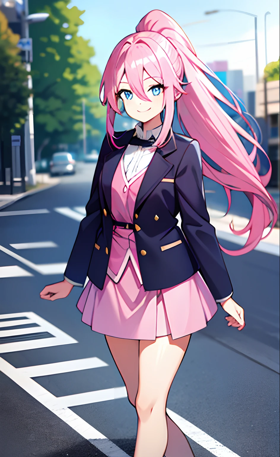 Pink hair, blue eyes, kizi, female, short skirt, smiling,18, one girl, long hair, ponytail