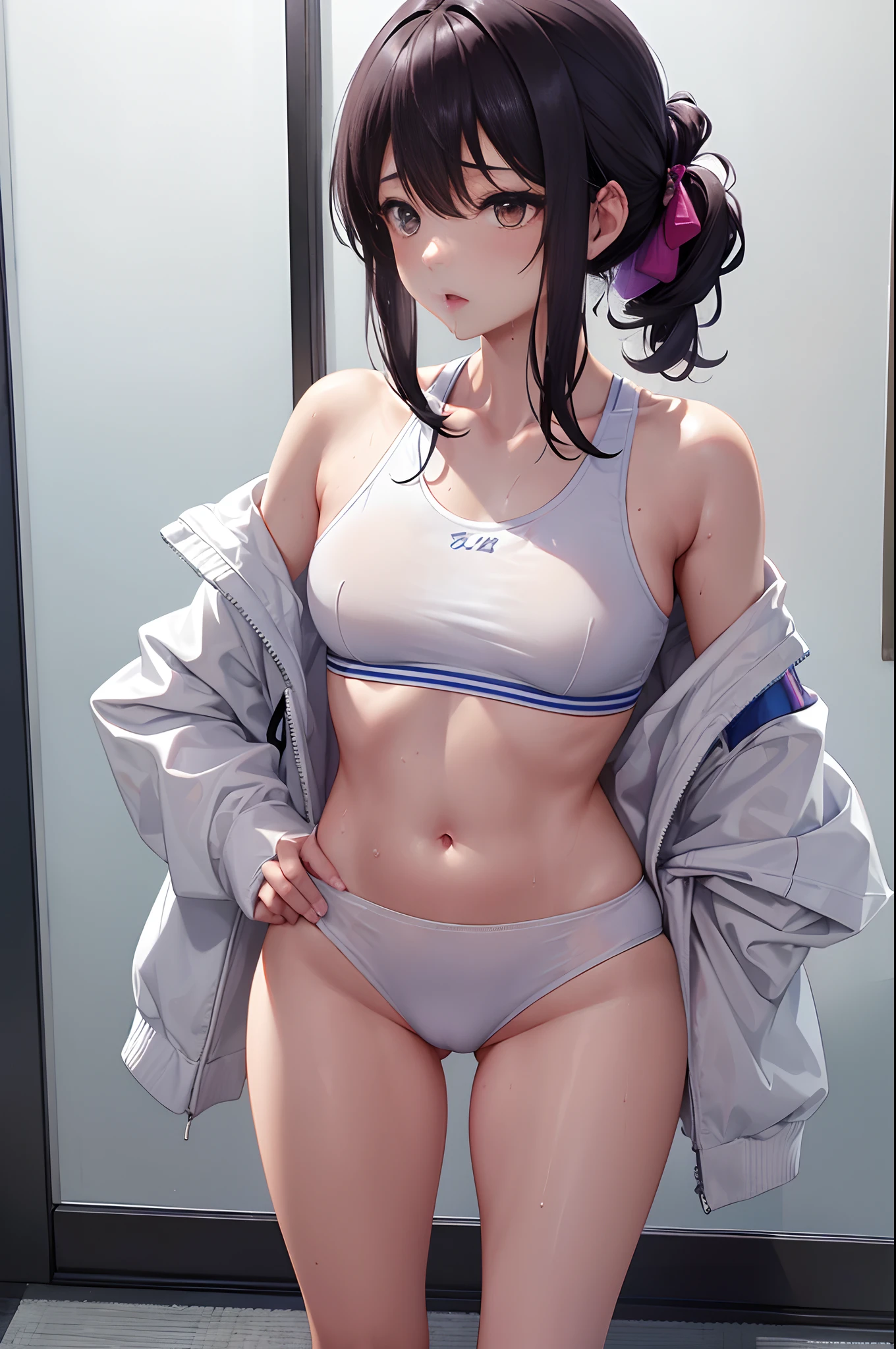 Condoms are scattered、Wet sports bra with thin neckline standing in school gym、clothes wet with a lot of sweat、((Sharp jawline))Perky 4k realistic beautiful 10 year old Japan sweaty girl((full body including legs))a picture、race,Ultra-precise depiction、Hairstyle is short、Gachiroli、Lori、condoms