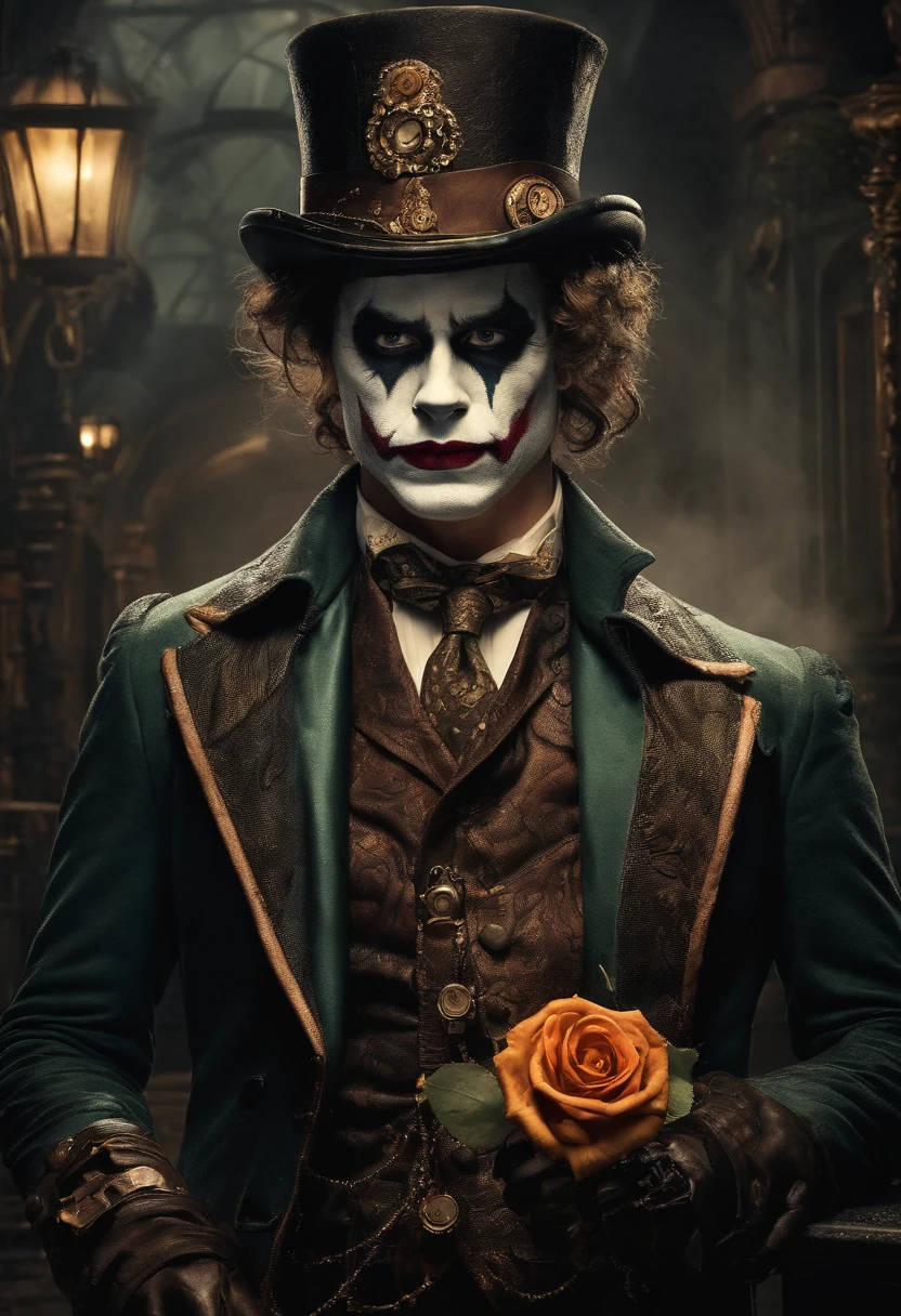 Depressed young man, in Joker makeup, night, rain, holding a rose, 4K, ultra realistic environment, ultra realistic lighting, many details, masterpiece,