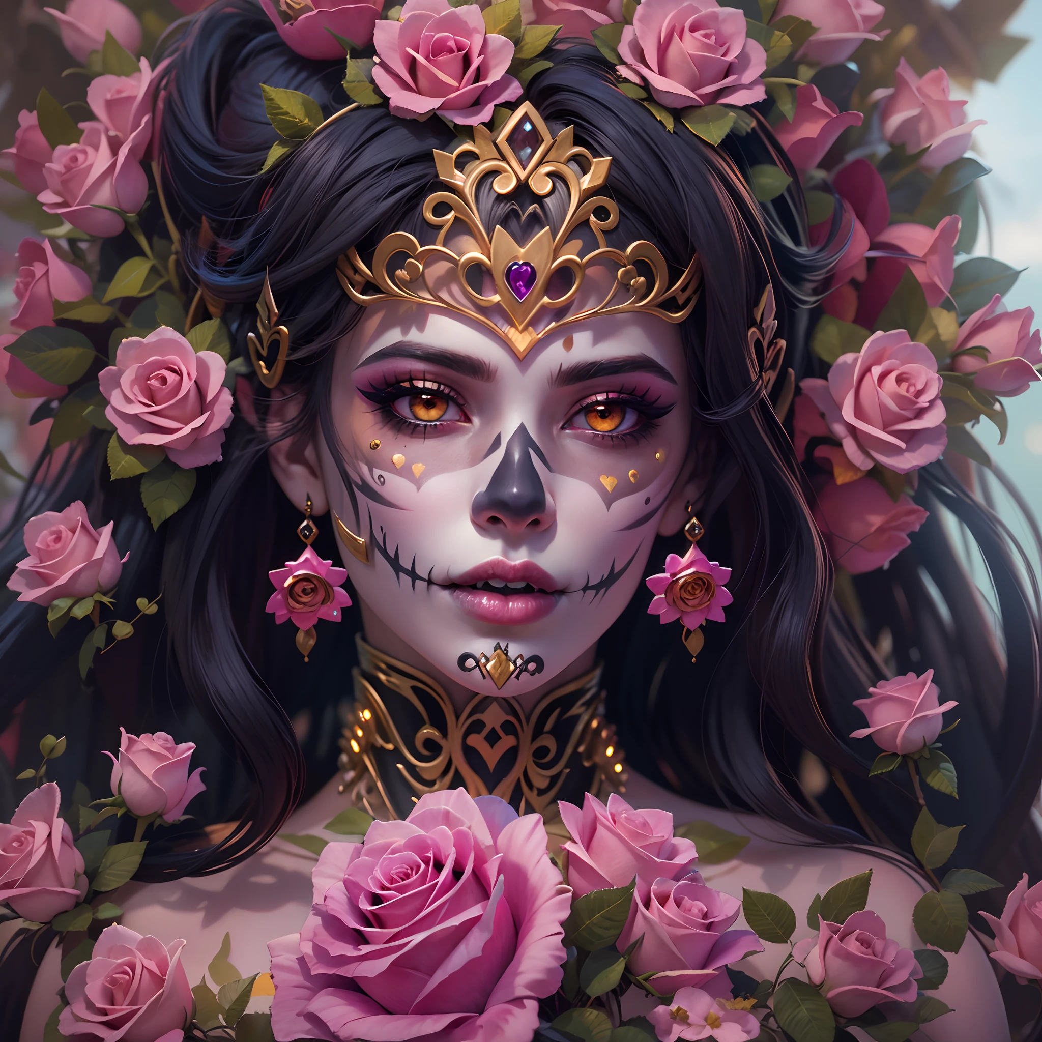 a close up of a woman (Adriana Lima :1.1) pink lips, gold eyes, long black hair, there is a woman with a rose crown and a heart on her head, cyberpunk cyborg. roses, anime skull portrait woman, dia de los muertos. 8 k, artstyle tom bagshaw, 4k highly detailed digital art, deviantart artstation cgscosiety, 4k detailed digital art, 8k high quality detailed art, dia de muertos