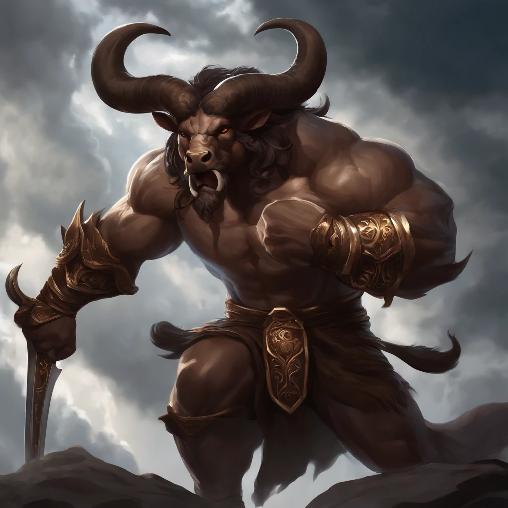 Anime-style Minotaur: A majestic Minotaur, with an imposing bull's head adorned with spiraling horns and deep, expressive eyes. athletic, no impressive armor with intricate details. The bull's skin is dark brown and covered with a fine, short coat. He is on his feet, ready for battle, a great sword in one hand and a determined expression on his face. The background is an epic backdrop with dramatic clouds and sunbeams streaking across the sky.