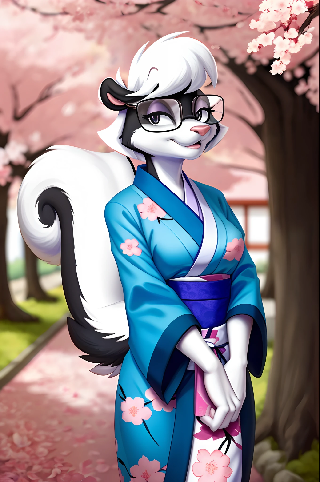 e621, (female:1.2) (anthro sabrina:1.2), skunk girl, (tail:1.5), leg, black eyes, glasses,  (japanese woodprint ukiyo-e style:1.2), medium breasts, (blue japanese kimono:1.3), pattern shirt, blue t-shirt, detailed female face, detailed eyes, sakura blossoms flower petals japan outdoors, solo, detailed fluffy fur, (high detail) (airbrush:1.1), detailed expressive eyes, standing, cute pose,