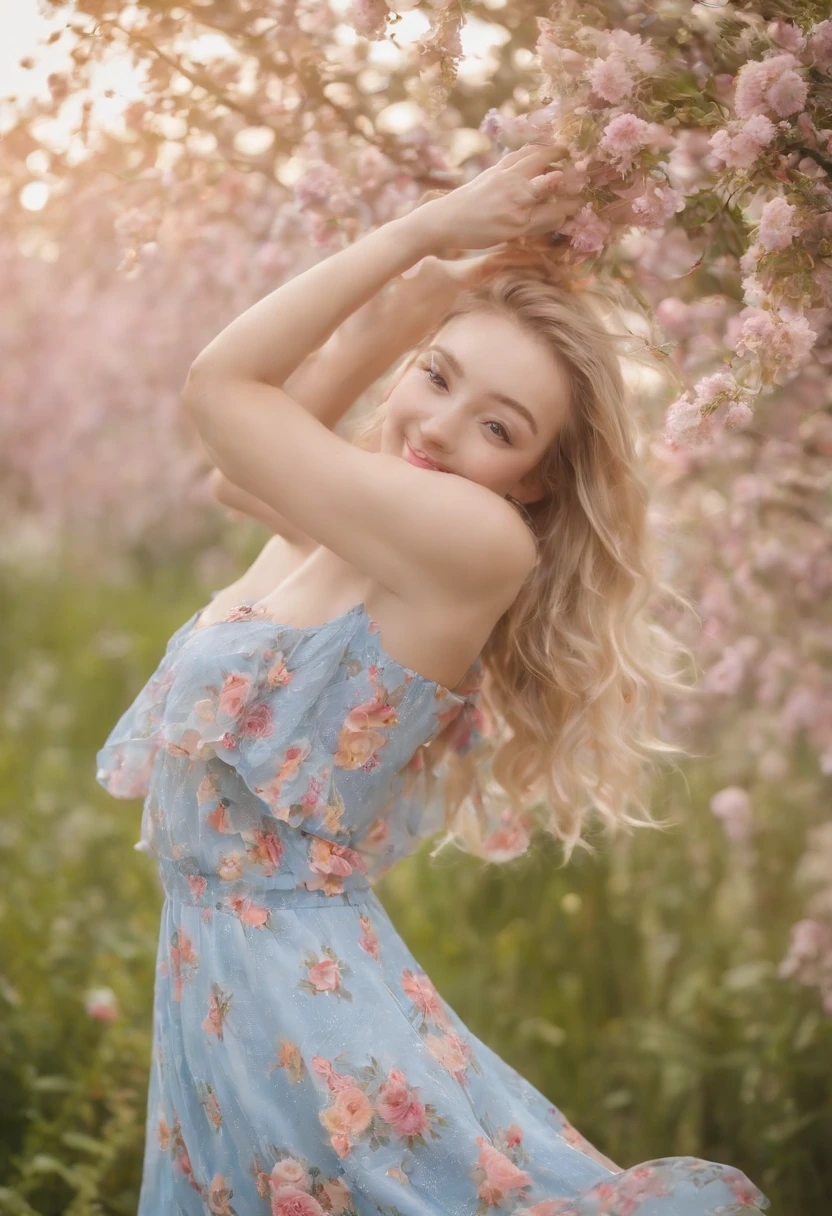 (masterpiece, Vivid portrait:1.3), (Seductive depiction of blonde woman in flower garden:1.2), (Canon EOS 5D Mark IV Camera, Famous for capturing vibrant colors and rich textures:1.2),(Korean idol), (Paired with Canon EF 35mm F/1.4L II USM lens for versatile compositions:1.2), (Flowing, voluminous blonde hair caught in the breeze, Adding dynamism:1.1), (Glowing blue eyes reflecting the shade of the sky:1.1), (A perfect face that exudes perfection:1.1), (Knee-length sundress full of kaleidoscopes of colors:1.1), (Her cheerful smile radiating pure happiness:1.1), (Playful movements of the dress to capture the light:1.1), (A mix of wildflowers to create a vibrant backdrop:1.1), (Sunlit fields depicting a joyful atmosphere:1.1), (The sensor of the camera is、Captures the intricate texture of her hair and fabric:1.1), (Lenses that highlight her seductive smile and vibrant outfit:1.1), (A moment to capture carefree joy in nature:1.1), (The synergy of color and emotion in one frame:1.1), (Portrait capturing the essence of the radiant spirit in a blooming landscape:1.1)