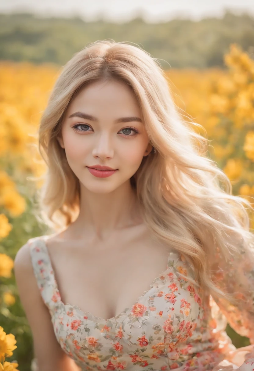 (masterpiece, Vivid portrait:1.3), (Seductive depiction of blonde woman in flower garden:1.2), (Canon EOS 5D Mark IV Camera, Famous for capturing vibrant colors and rich textures:1.2),(Korean idol), (Paired with Canon EF 35mm F/1.4L II USM lens for versatile compositions:1.2), (Flowing, voluminous blonde hair caught in the breeze, Adding dynamism:1.1), (Glowing blue eyes reflecting the shade of the sky:1.1), (A perfect face that exudes perfection:1.1), (Knee-length sundress full of kaleidoscopes of colors:1.1), (Her cheerful smile radiating pure happiness:1.1), (Playful movements of the dress to capture the light:1.1), (A mix of wildflowers to create a vibrant backdrop:1.1), (Sunlit fields depicting a joyful atmosphere:1.1), (The sensor of the camera is、Captures the intricate texture of her hair and fabric:1.1), (Lenses that highlight her seductive smile and vibrant outfit:1.1), (A moment to capture carefree joy in nature:1.1), (The synergy of color and emotion in one frame:1.1), (Portrait capturing the essence of the radiant spirit in a blooming landscape:1.1)