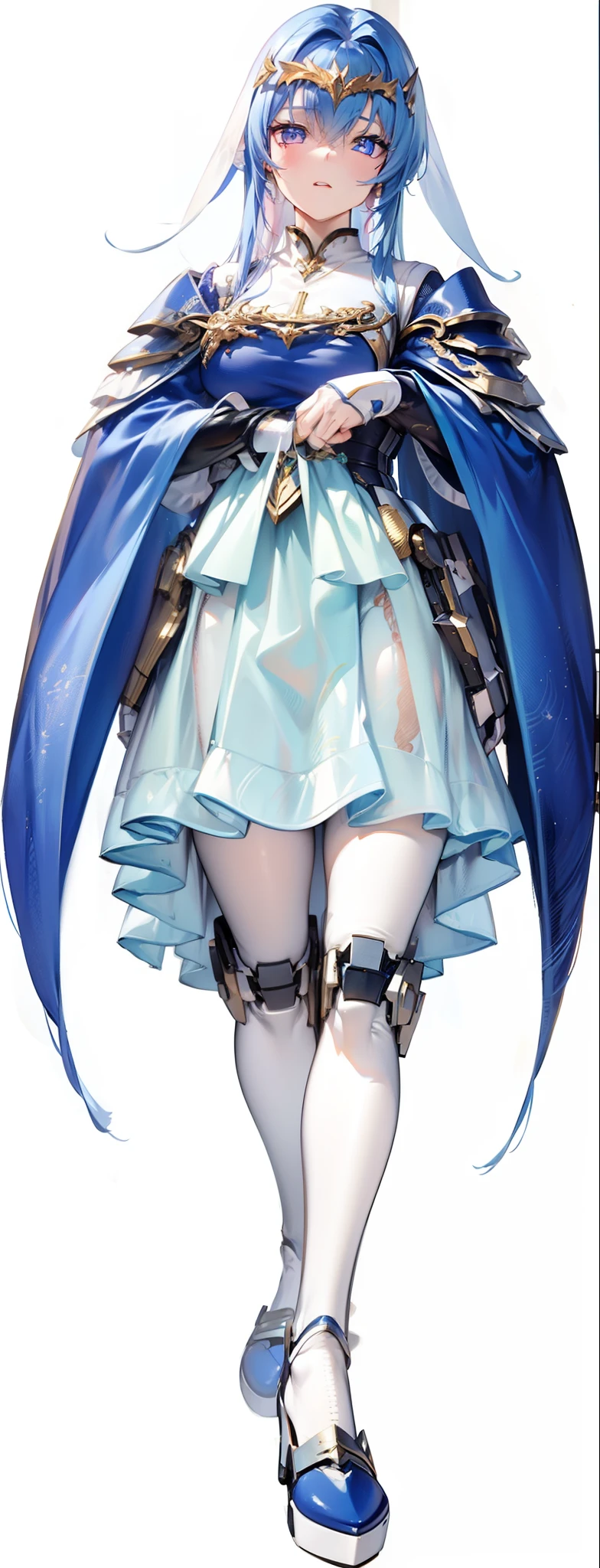 Long blue hair,hentail realism, shadowing,，character sheets, reference sheet, Standing painting, 8K, Super detail, 1080p, Women's HD， Slim，Female 4K, 8K, 16k, A high resolution, Best quality, High quality, Anatomically correct, Masterpiece, ccurate, hyper HD，As graceful as a swan，unreal-engine， Ghibli-like colors,   anime big breast,  Standing painting, angle of view,Mecha girl，Yarn skirt，ssee-through，