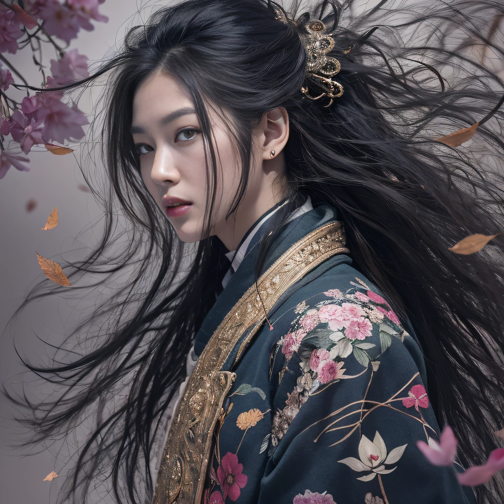 32K（tmasterpiece，k hd，hyper HD，32K）Long flowing black hair，ponds，zydink， a color， Aozhou people （Concubine girl）， （Purple silk scarf）， Combat posture， looking at the ground， long whitr hair， Floating hair， Carp pattern headdress， Chinese long-sleeved clothing， （Abstract gouache splash：1.2）， Pink petal background，Pink and white lotus flowers fly（realisticlying：1.4），Black color hair，Fallen leaves flutter，The background is pure， A high resolution， the detail， RAW photogr， Sharp Re， Nikon D850 Film Stock Photo by Jefferies Lee 4 Kodak Portra 400 Camera F1.6 shots, Rich colors, ultra-realistic vivid textures, Dramatic lighting, Unreal Engine Art Station Trend, cinestir 800，Long flowing black hair，Denim skirt