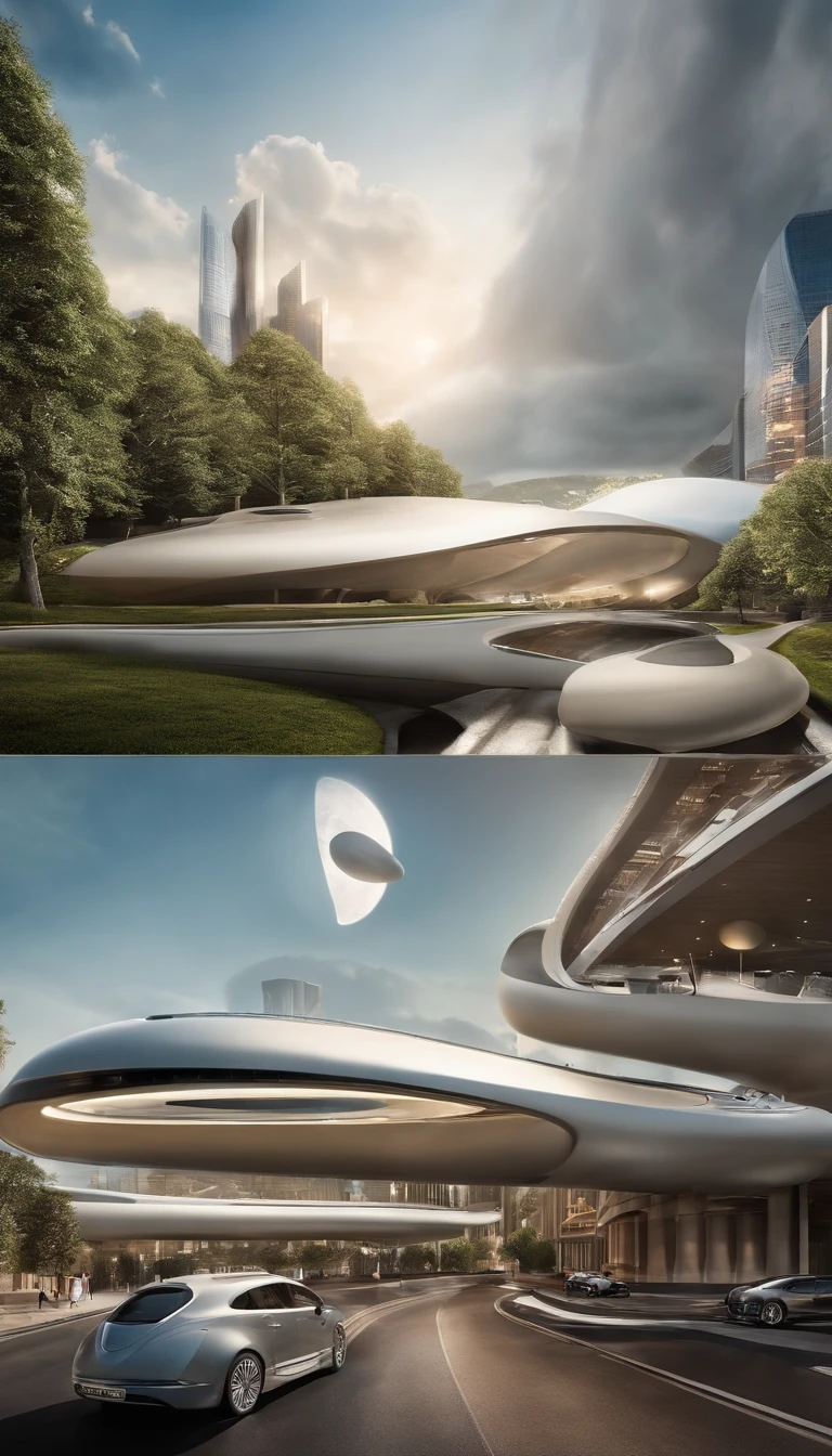 What photography,Ultra photo realsisim,hyper-detailing,Ultra-wide-angle picture,24th century,A combination of technology and nature in the city of the future,fansty world,Tech City of the Future,Oval building,levitating,Roads leading in all directions,highly detailed surreal vfx,Smudge,Spiral,Faraway view,super-fine,ultra - detailed,high qulity,8K ,oc rendered,dynamic viewing angle