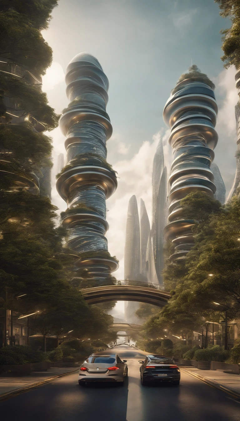 What photography,Ultra photo realsisim,hyper-detailing,Ultra-wide-angle picture,24th century,A combination of technology and nature in the city of the future,fansty world,Tech City of the Future,Oval building,levitating,Roads leading in all directions,highly detailed surreal vfx,Smudge,Spiral,Faraway view,super-fine,ultra - detailed,high qulity,8K ,oc rendered,dynamic viewing angle