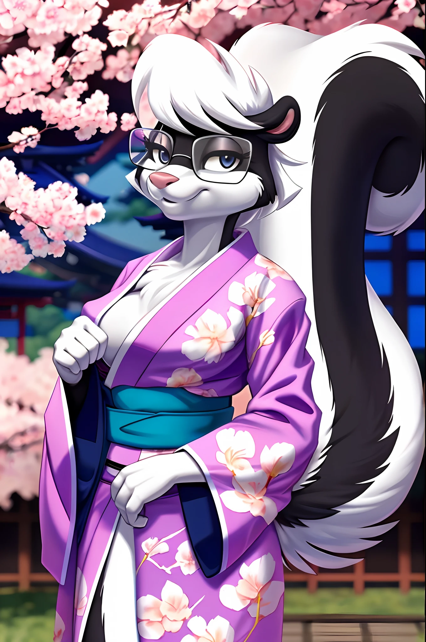 e621, (female:1.2) (anthro sabrina:1.2), skunk girl, (tail:1.5), leg, black eyes, glasses,  (japanese woodprint ukiyo-e style:1.2), medium breasts, (blue japanese kimono:1.3), pattern shirt, blue t-shirt, detailed female face, detailed eyes, sakura blossoms flower petals japan outdoors, solo, detailed fluffy fur, (high detail) (airbrush:1.1), detailed expressive eyes, standing, cute pose,