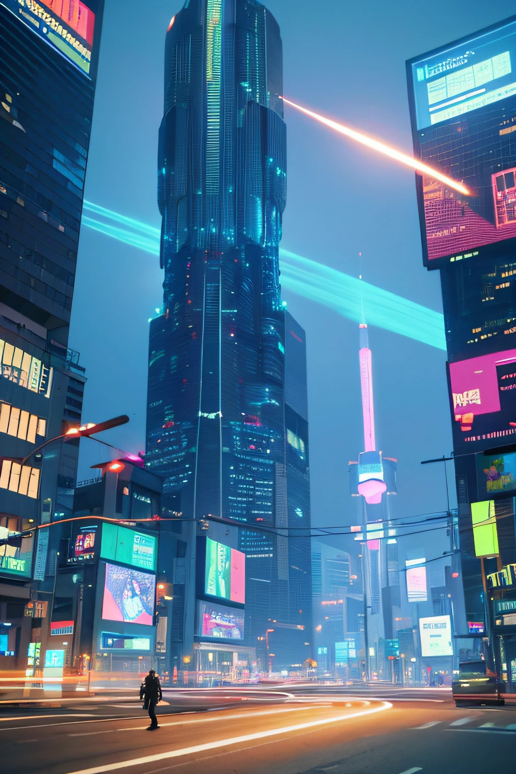 People walk in the city at night，In the background is a large bell tower, in a futuristic cyberpunk city, futuristic cyberpunk scenario, arstation and beeple highly, in fantasy sci - fi city, Sci-Fi Cyberpunk City Street, busy cyberpunk metropolis, 3 d render beeple, cinematic beeple, cyberpunk city street, in the style of beeple