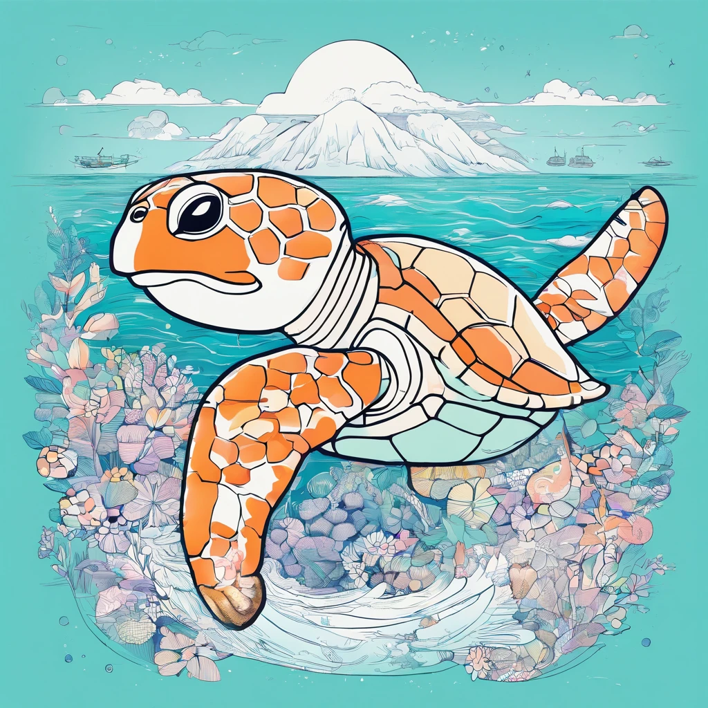Sea and turtle、line-drawing、Minimalist、cute little、A logo