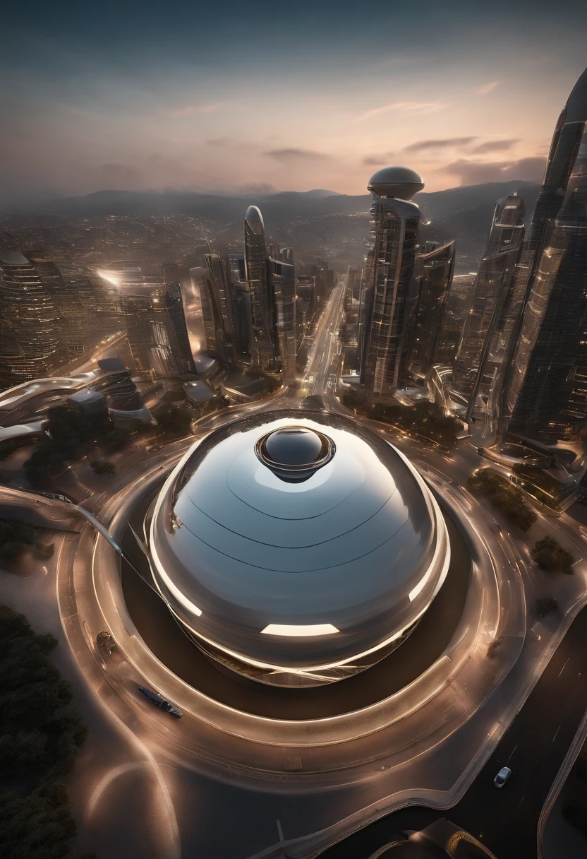 What photography,Ultra photo realsisim,hyper-detailing,Ultra-wide-angle picture,24th century,A combination of technology and nature in the city of the future,fansty world,Tech City of the Future,Oval building,levitating,Roads leading in all directions,highly detailed surreal vfx,Smudge,Spiral,Faraway view,super-fine,ultra - detailed,high qulity,8K ,oc rendered,dynamic viewing angle