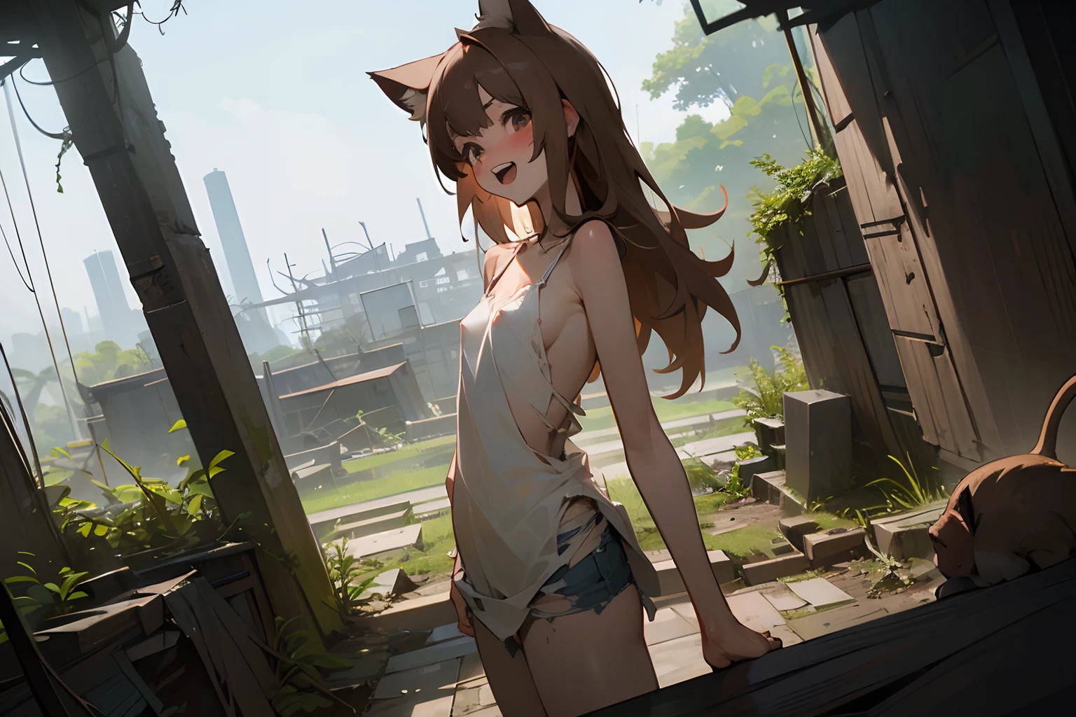 ((best quality)), in 8K,wide shot,cinematic lighting, (Very unkempt hair, slightly exposed nipples, Tattered, torn, dirty white camisole, Only slightly wet、 Slender small breasts、Cheerful pose)、red blush、Smile and open your mouth wide, Textured skin, Cat ears, Pale brown hair, Cute Beautiful Girl、Ruins covered with vegetation、You can see the slums in the distance
