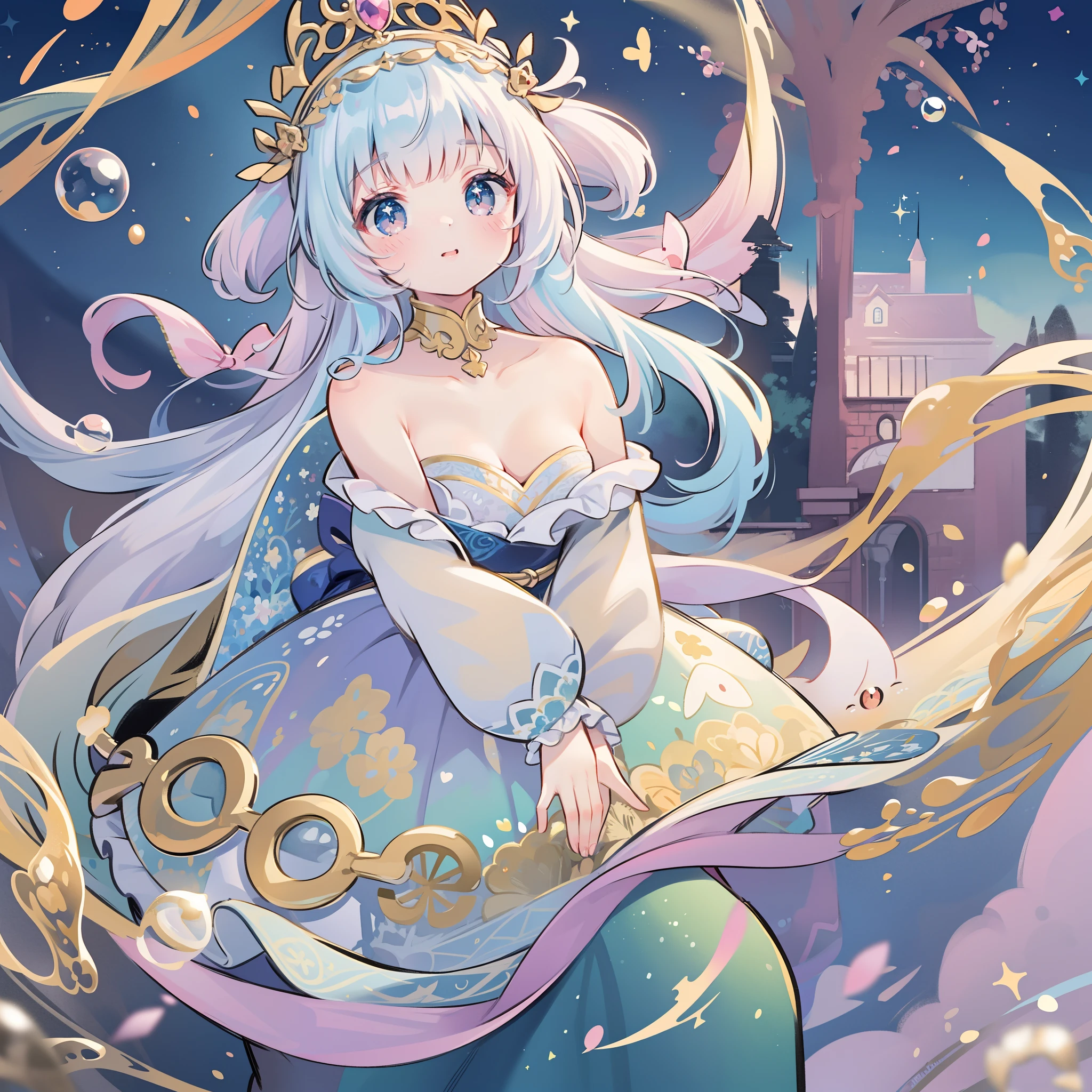 masterpiece, best quality, 8k resolution, sharp focus, intricate detail, beautiful girl, sparkling eyes, golden ratio face, otherworldly liquid, watercolor, pastel colors, bright colors, whimsical, colorful, sharp focus, high resolution, fine detail, princess fantasy flowing ballgown, ((round eyes)), iridescent bubbles, castle landscape in background
