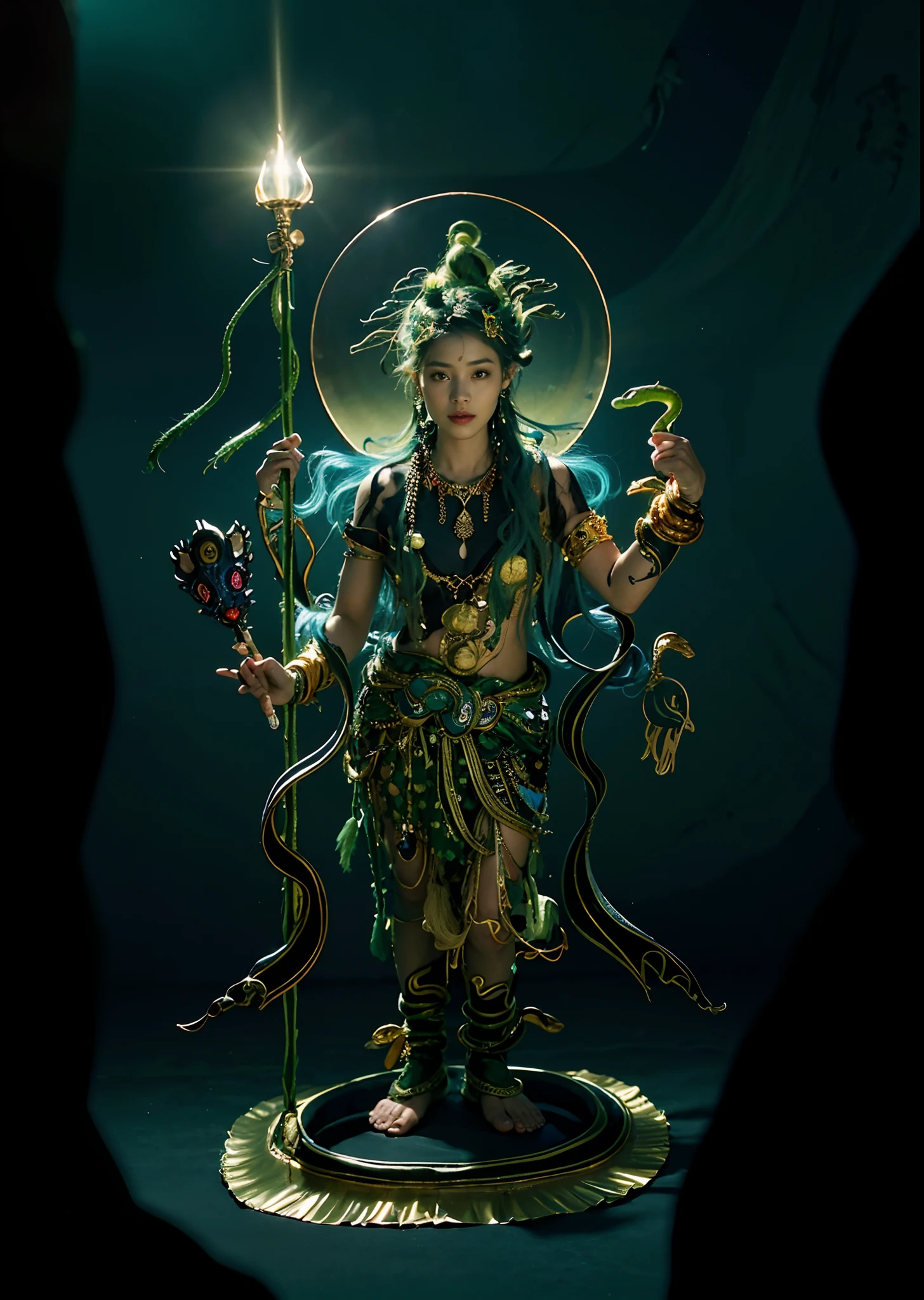 32K(tmasterpiece,k hd,hyper HD,32K)Long flowing black hair,Avatar girl,(((Green skin)))Girl, child,Stand in a valley full of flowers,(((Green skin))),Gem Necklace,Exquisite headdress,Long hair hanging down the shoulders,There are six snakes on top of their heads,Snake in hand,The body is decorated with snakes,Four arms,A snake wrapped around his wrist,The ankles are wrapped around the snake,(The union of man and black snake),Solo, The waist is((deerskin)), The upper body is covered(deerskin,) Holding a fan made of peacock essence in his hand, Trident weapons, Streamers,shaded_face, Pretty big breasts,(((Head background with round light))),Behind it is the sun,Bright sky,Sunny picture,offcial art, (Extremely detailed Cg Unity 8K wallpaper), (Photorealistic:1.4), (Masterpiece), (Best quality:1.2),Light and shadow tracking,Super HD, A high resolution, the detail, RAW photogr, Sharp Re, Nikon D850 Film Stock Photo by Jefferies Lee 4 Kodak Portra 400 Camera F1.6 shots, Rich colors, ultra-realistic vivid textures, Dramatic lighting, Unreal Engine Art Station Trend, cinestir 800,Long flowing black hair,