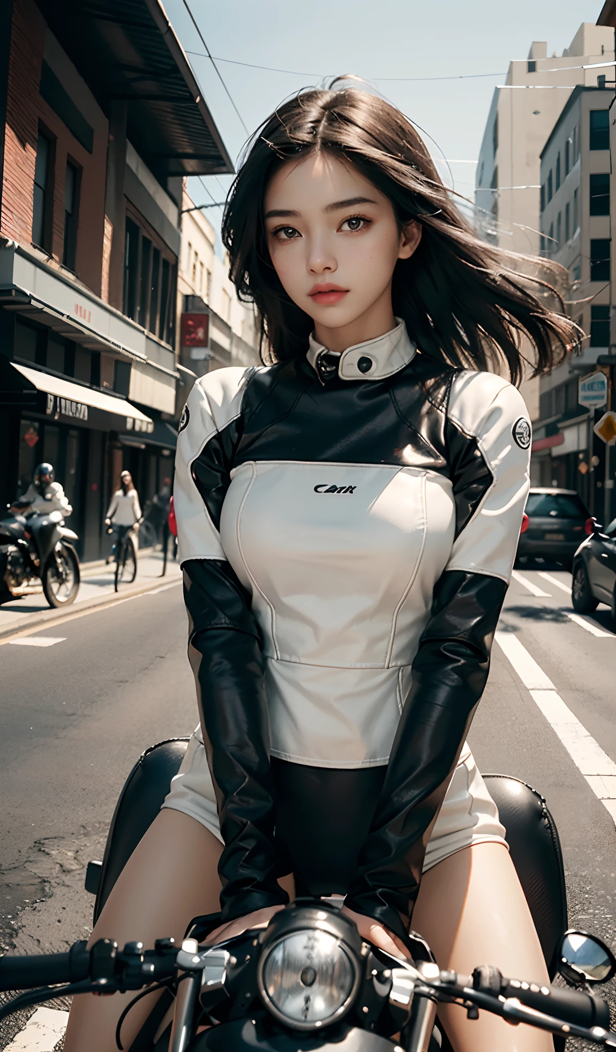 Highest image quality, Outstanding details, Ultra-high resolution, (Realism: 1.4), The best illustration, favor details, highly condensed 1girl, with a delicate and beautiful face, Wear carbon black and white clothing, holding a directional controller, Riding on a motorcycle, the background is a high-tech lighting scene of the city of the future.