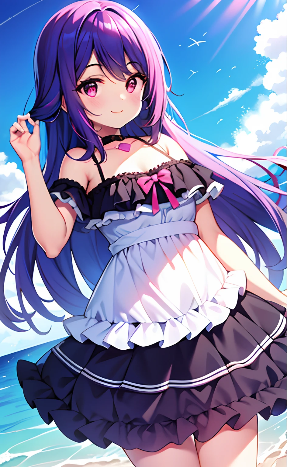 Best Quality, Highly Detailed, nsfw:1,purple hair,long hair,(panty focus:1),from below:1.5,(((flat chest:1))),(((small breast:1))),Strong winds,Skirt flip