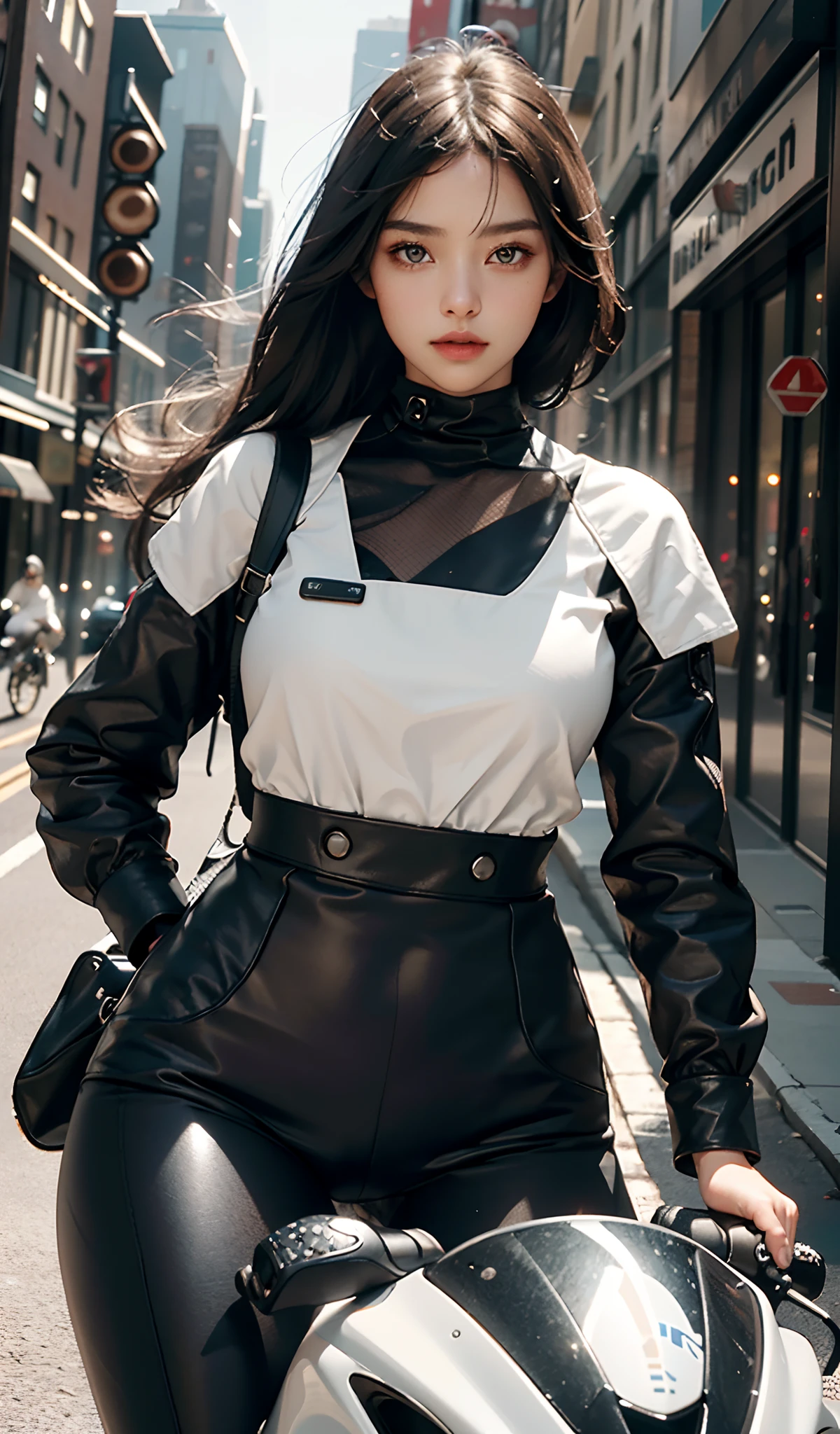 Highest image quality, Outstanding details, Ultra-high resolution, (Realism: 1.4), The best illustration, favor details, highly condensed 1girl, with a delicate and beautiful face, Wear carbon black and white clothing, holding a directional controller, Riding on a motorcycle, the background is a high-tech lighting scene of the city of the future.