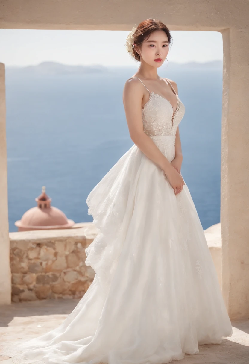 1 beautiful girl,Korean idol, (Realistic:1.3) (full bodyesbian:1.3), standing photo,Santorini, Stand in front of the( blue sea), White wedding dress, wedding decoration,Soft dress, Masterpiece, diffused soft lighting, Portrait, Best quality, (Perfect face:1.4), Ultra-realistic Highly detailed, Complex and realistic simulation style photos, Cinematic lighting, studio shoot, Elegant Pose, upper body