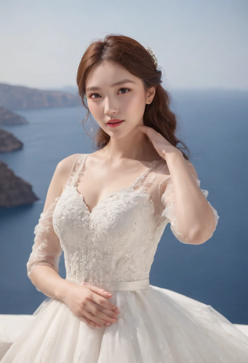 1 beautiful girl,Korean idol, (Realistic:1.3) (full bodyesbian:1.3), standing photo,Santorini, Stand in front of the( blue sea), White wedding dress, wedding decoration,Soft dress, Masterpiece, diffused soft lighting, Portrait, Best quality, (Perfect face:1.4), Ultra-realistic Highly detailed, Complex and realistic simulation style photos, Cinematic lighting, studio shoot, Elegant Pose, upper body