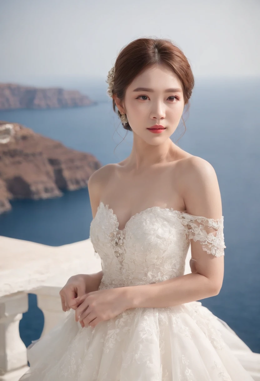 1 beautiful girl,Korean idol, (Realistic:1.3) (full bodyesbian:1.3), standing photo,Santorini, Stand in front of the( blue sea), White wedding dress, wedding decoration,Soft dress, Masterpiece, diffused soft lighting, Portrait, Best quality, (Perfect face:1.4), Ultra-realistic Highly detailed, Complex and realistic simulation style photos, Cinematic lighting, studio shoot, Elegant Pose, upper body